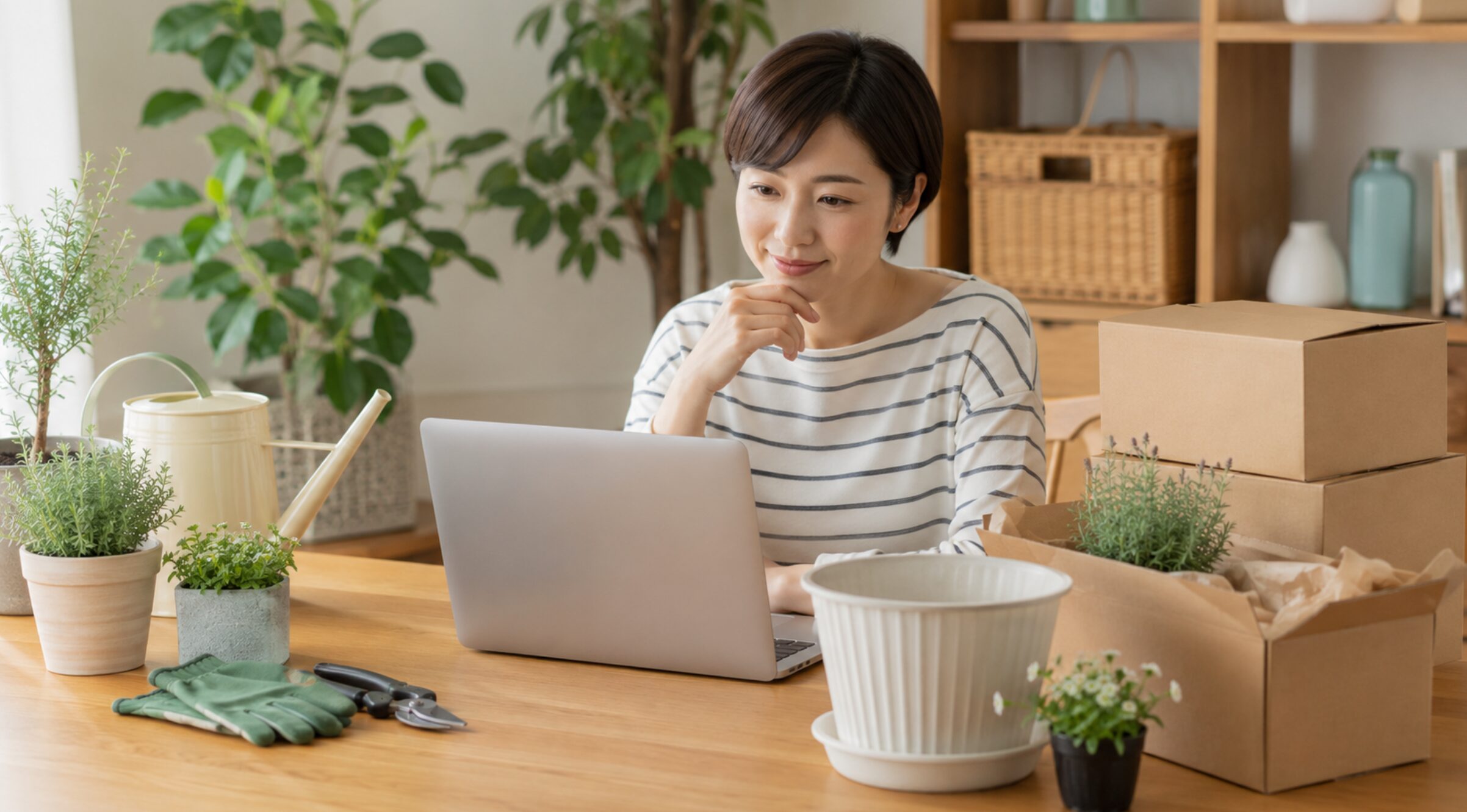 ガーデニング用品を通販で比較する日本人女性と鉢や園芸道具