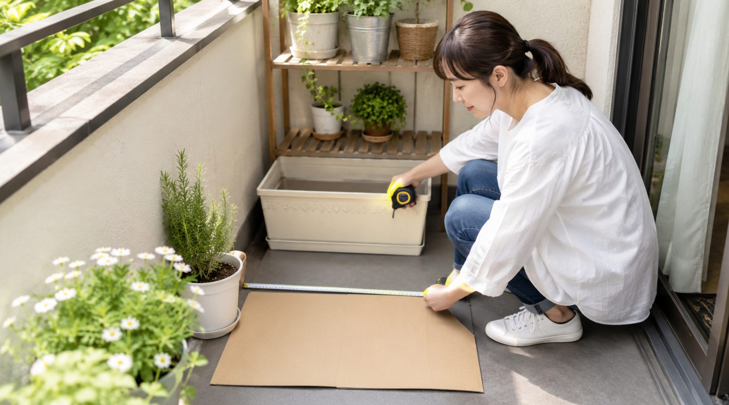 ガーデニング用品を置くベランダの寸法をメジャーで測る女性