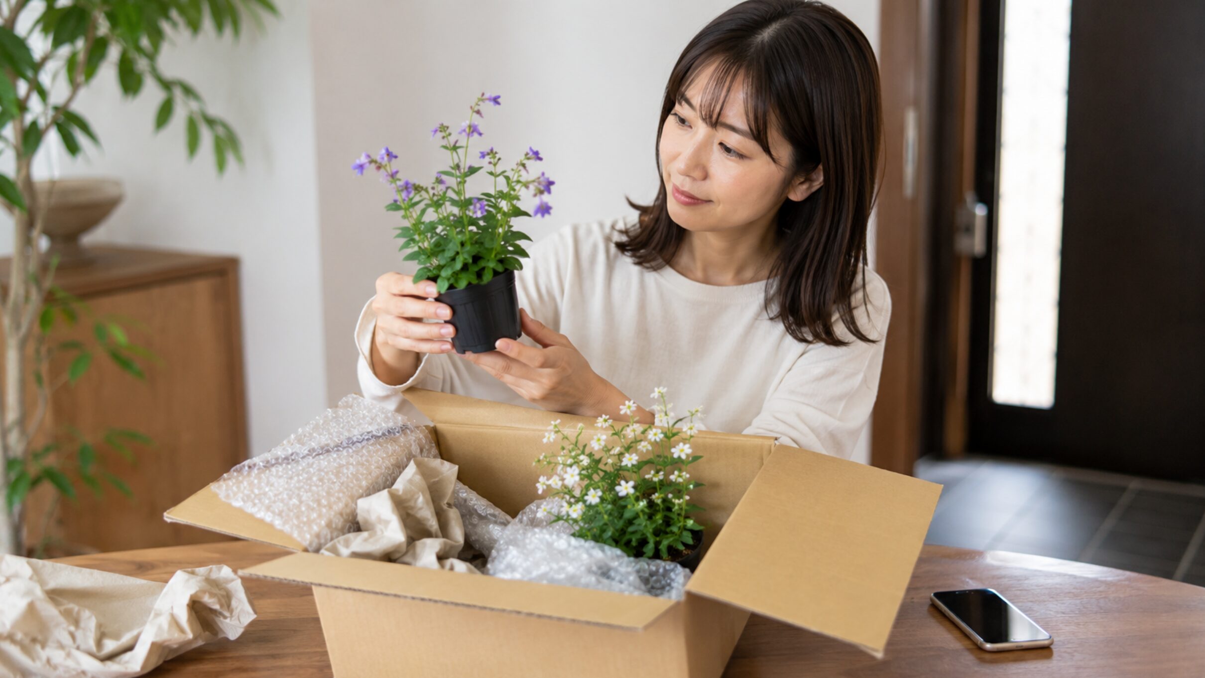 ガーデニング通販で届いた花苗を開封して状態を確認する日本人女性