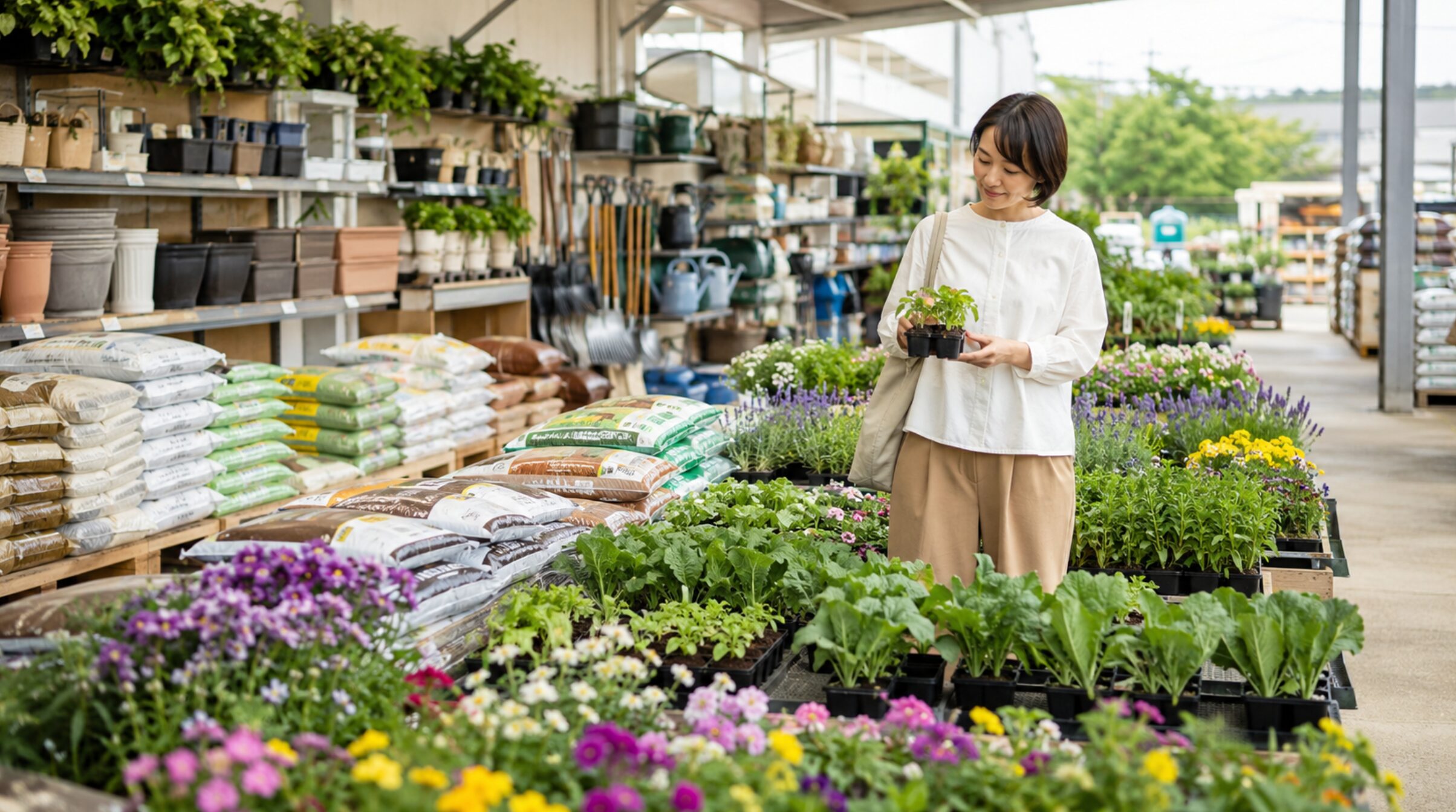 園芸用品が充実したホームセンターで花苗や培養土を選ぶ女性