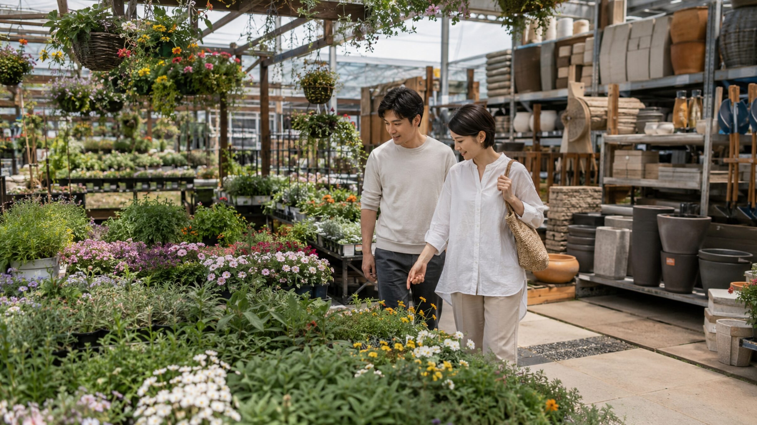花苗や大型鉢が豊富なホームセンターの園芸売場を見比べる男女