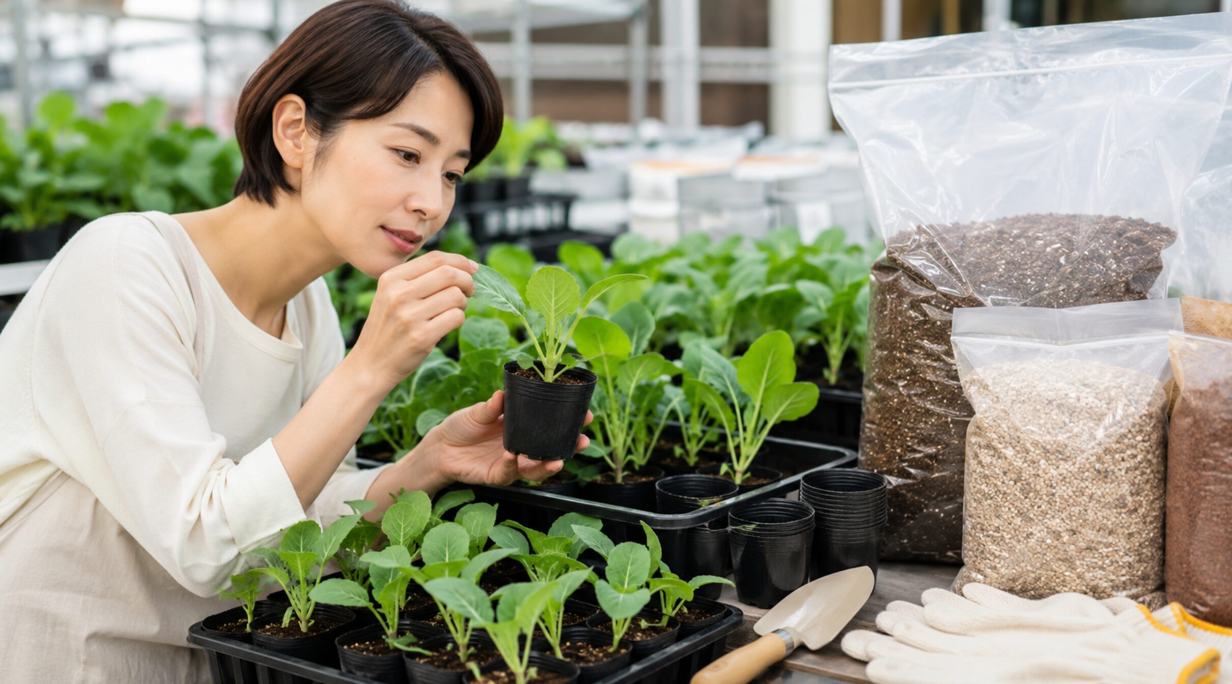 ホームセンターで葉や株元を確認しながら健康な野菜苗を選ぶ女性