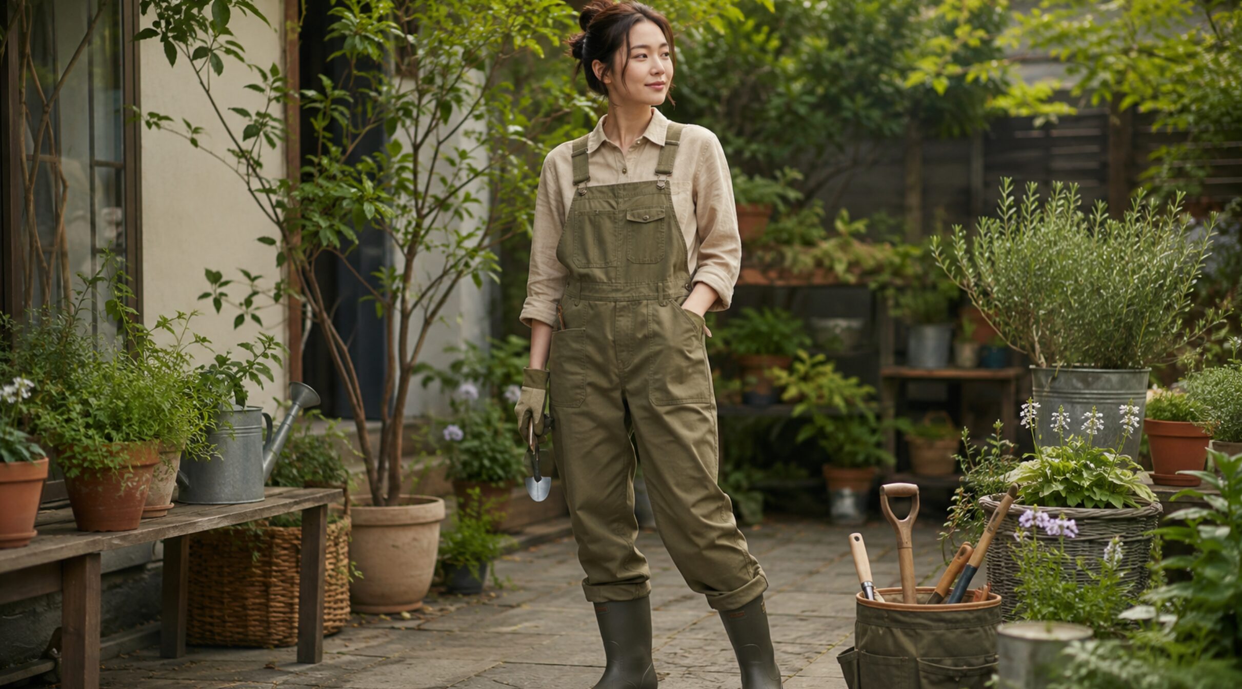 カーキ色のサロペットと長靴を合わせたおしゃれな女性向けガーデニングウェア