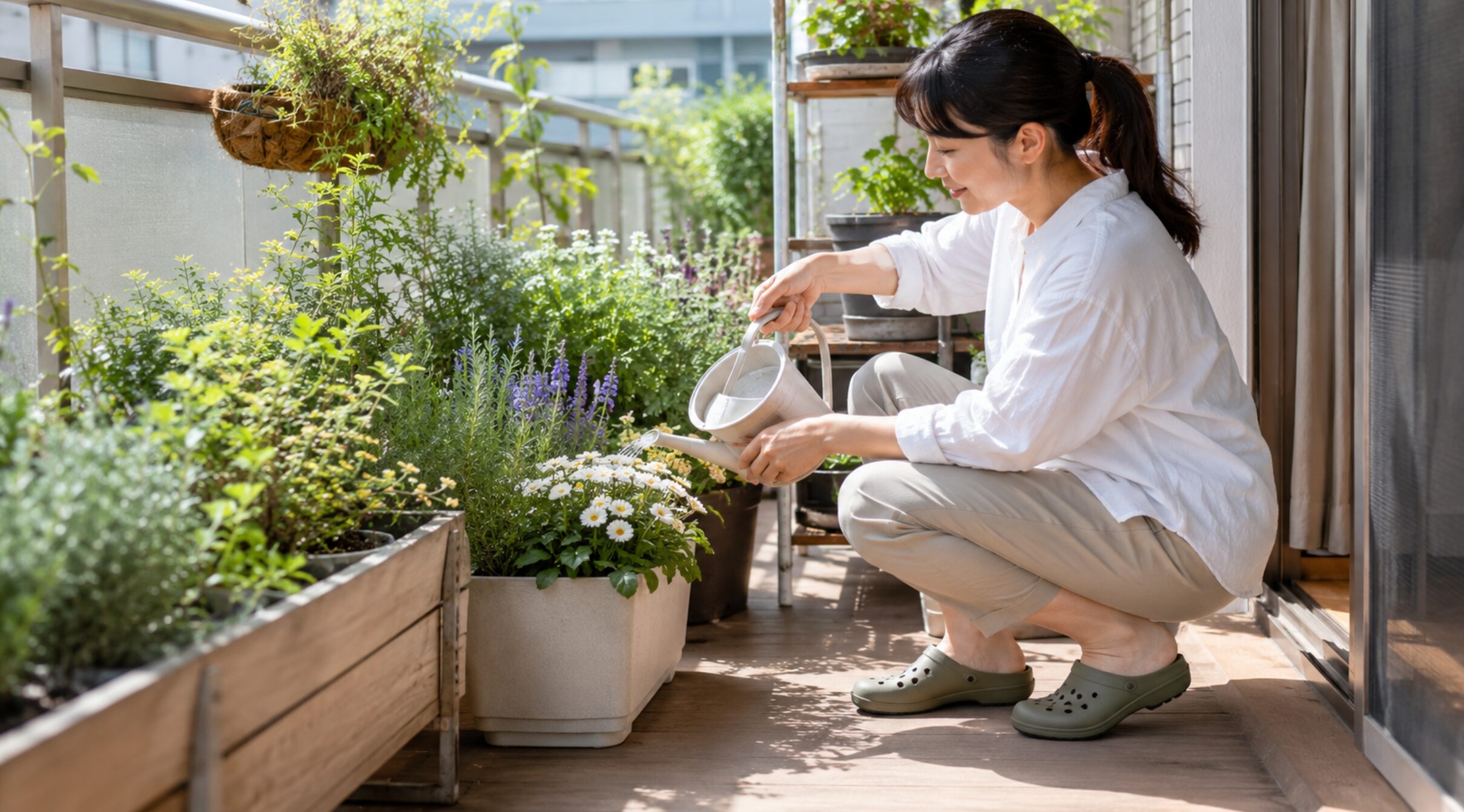 ガーデンサンダルを履いてベランダの鉢植えに水やりする日本人女性