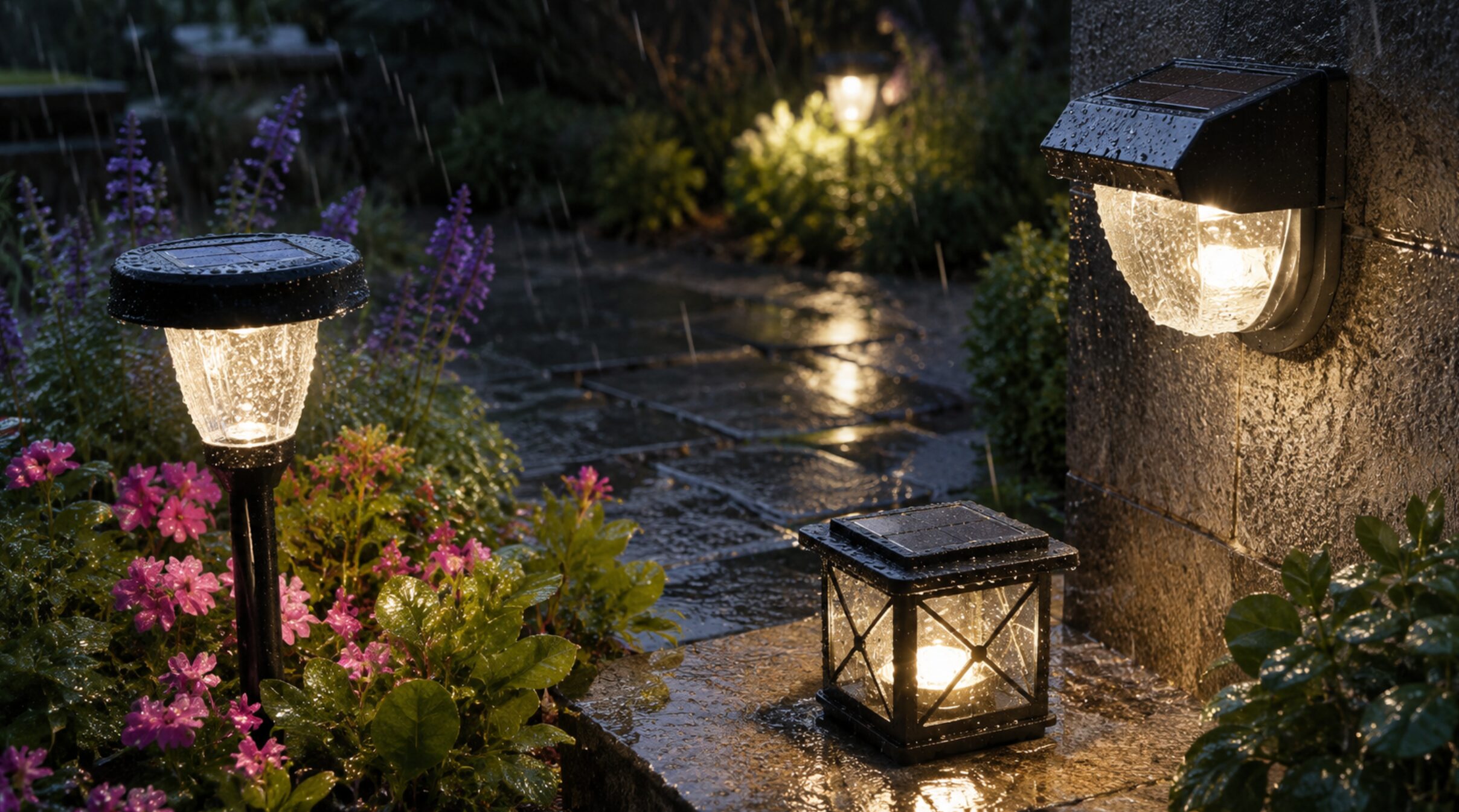 雨が当たる屋外で点灯する防水仕様のソーラーガーデンライト