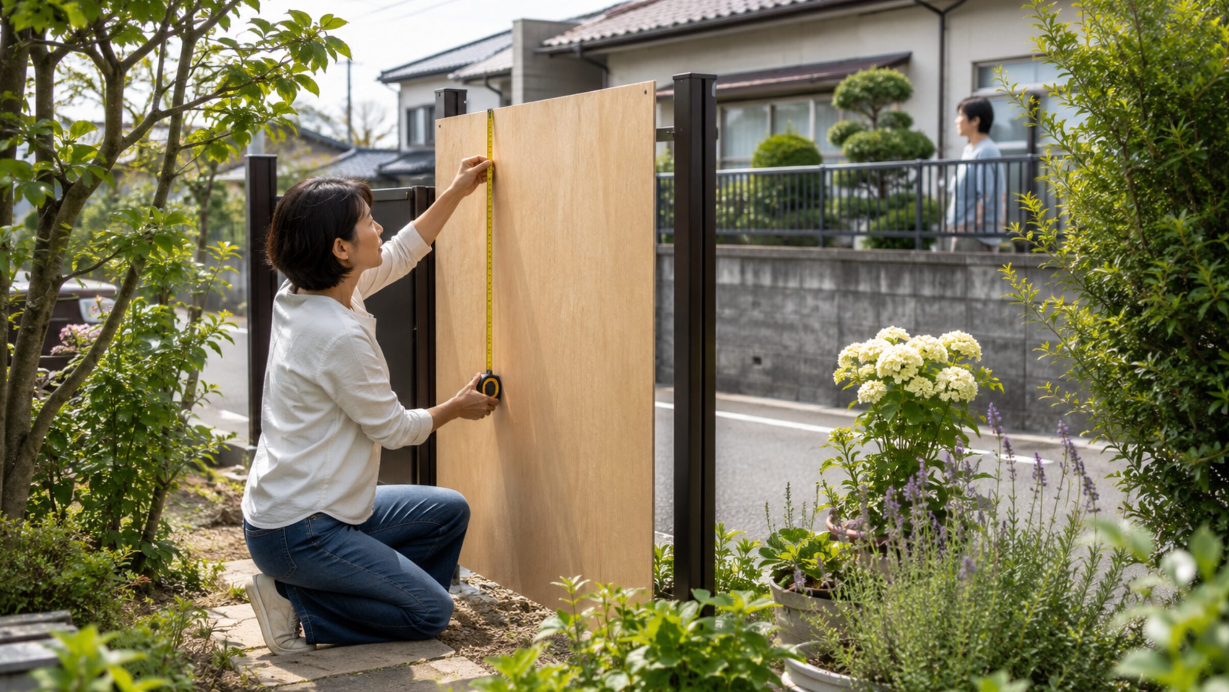 道路からの視線を確認しながら目隠しフェンスの高さを測る日本人女性