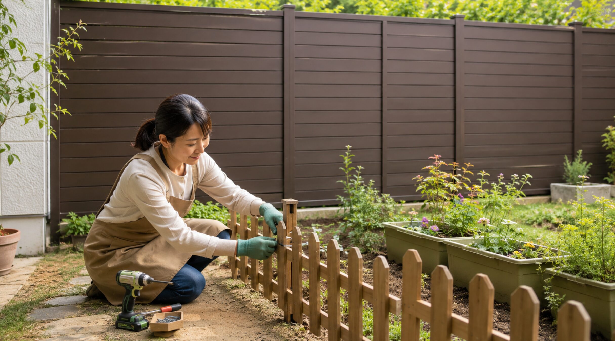 花壇用の低い木製ガーデンフェンスをDIYで設置する日本人女性