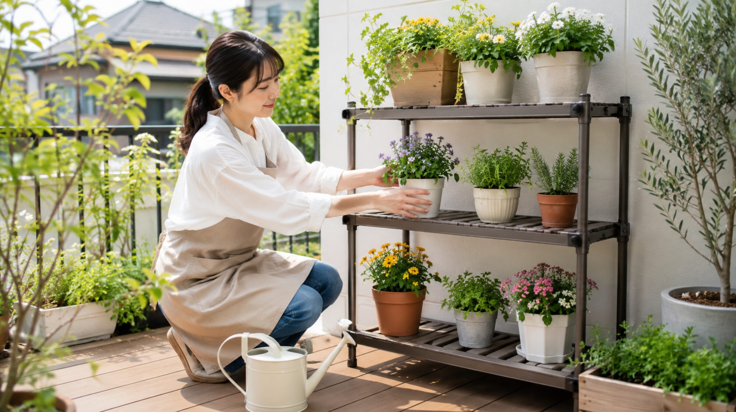 屋外ガーデニング棚に花やハーブの鉢植えを並べる女性