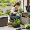 日本人女性が屋外収納ボックスと収納ベンチにガーデニング用品を片付ける庭