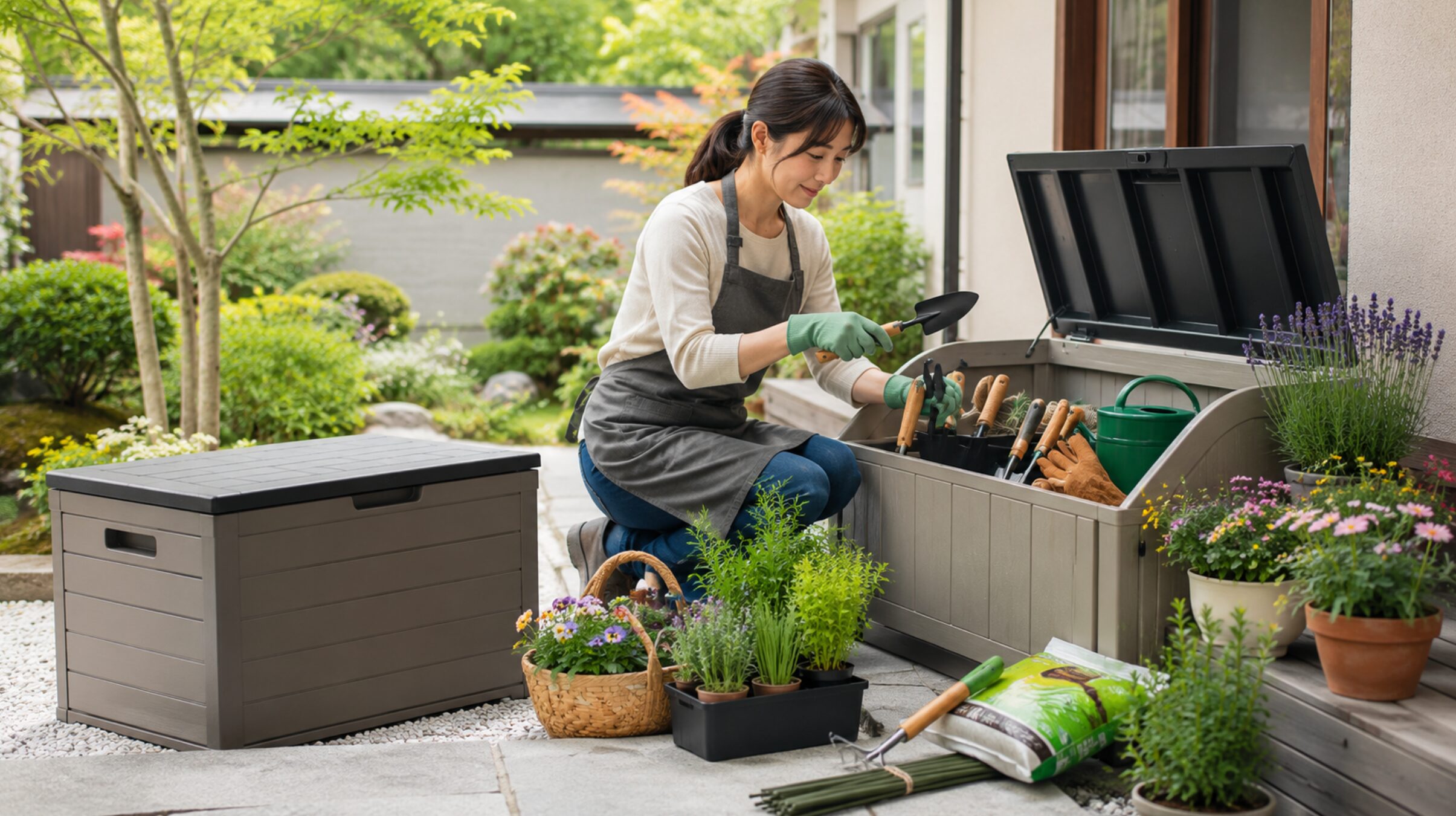 日本人女性が屋外収納ボックスと収納ベンチにガーデニング用品を片付ける庭