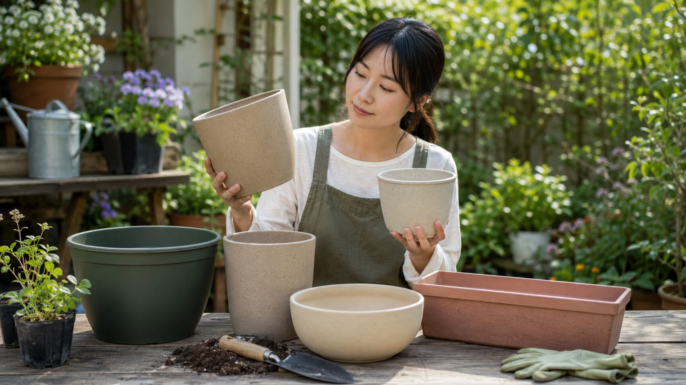 植物に合う植木鉢のサイズと深さを比較する日本人女性