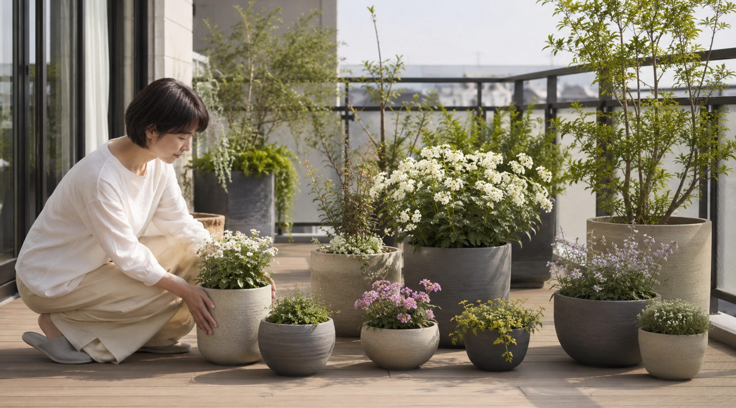 色と高さをそろえたおしゃれなベランダの鉢植え配置
