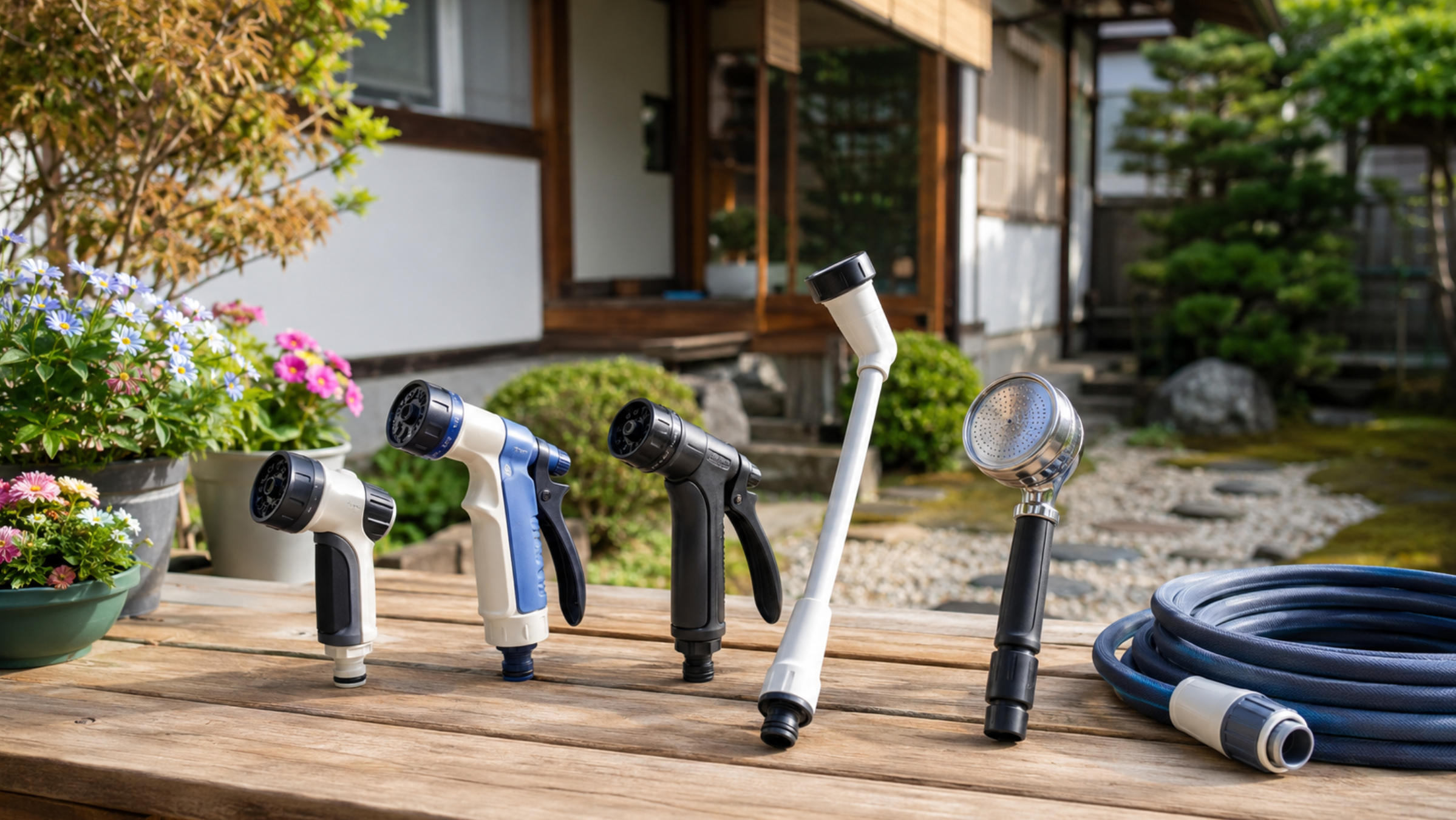園芸用の散水ノズルとロングノズルを庭先で比較