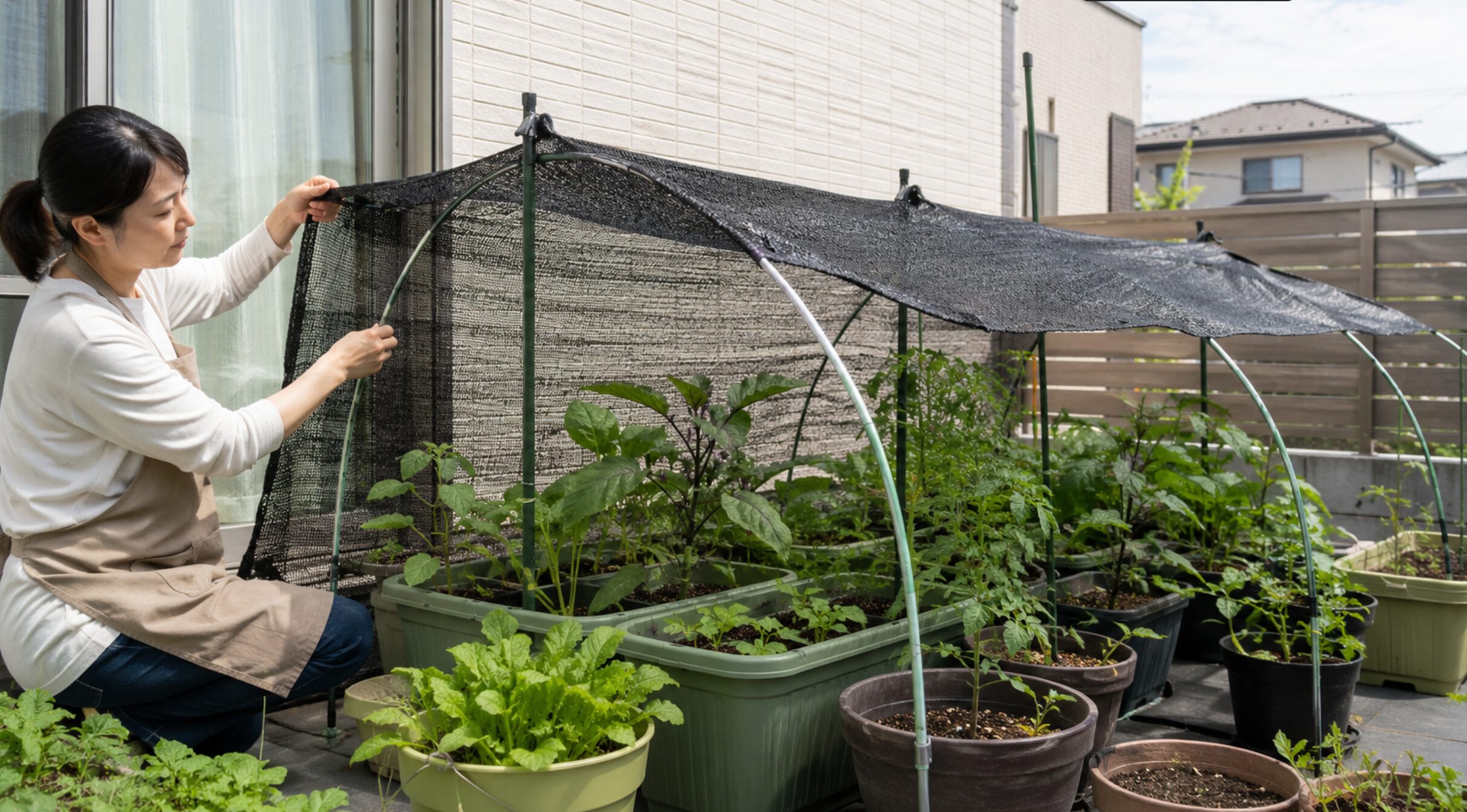ベランダ菜園の野菜に植物用遮光ネットを設置する日本人女性