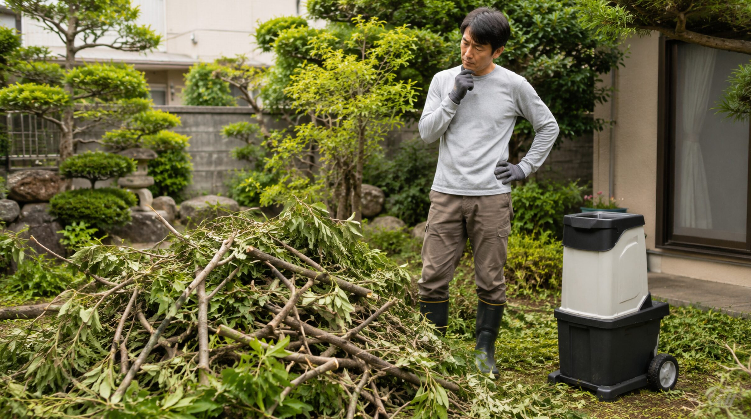 剪定枝の山と家庭用ガーデンシュレッダーを見比べる日本人男性