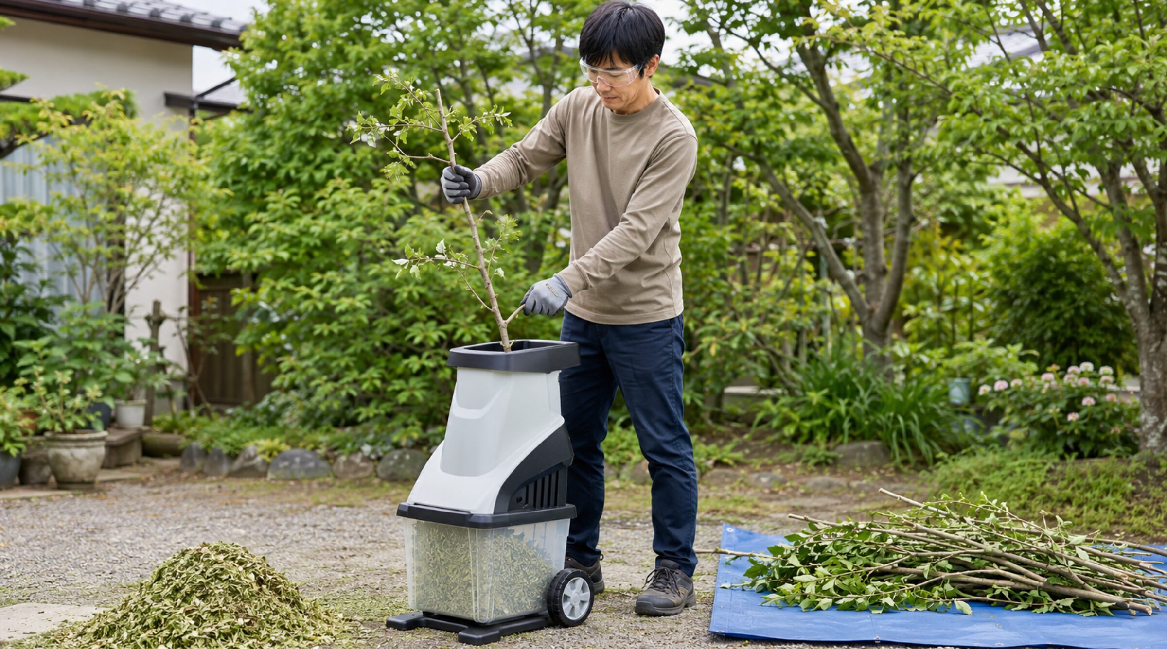 保護メガネと手袋を着用してガーデンシュレッダーへ枝を投入する日本人男性