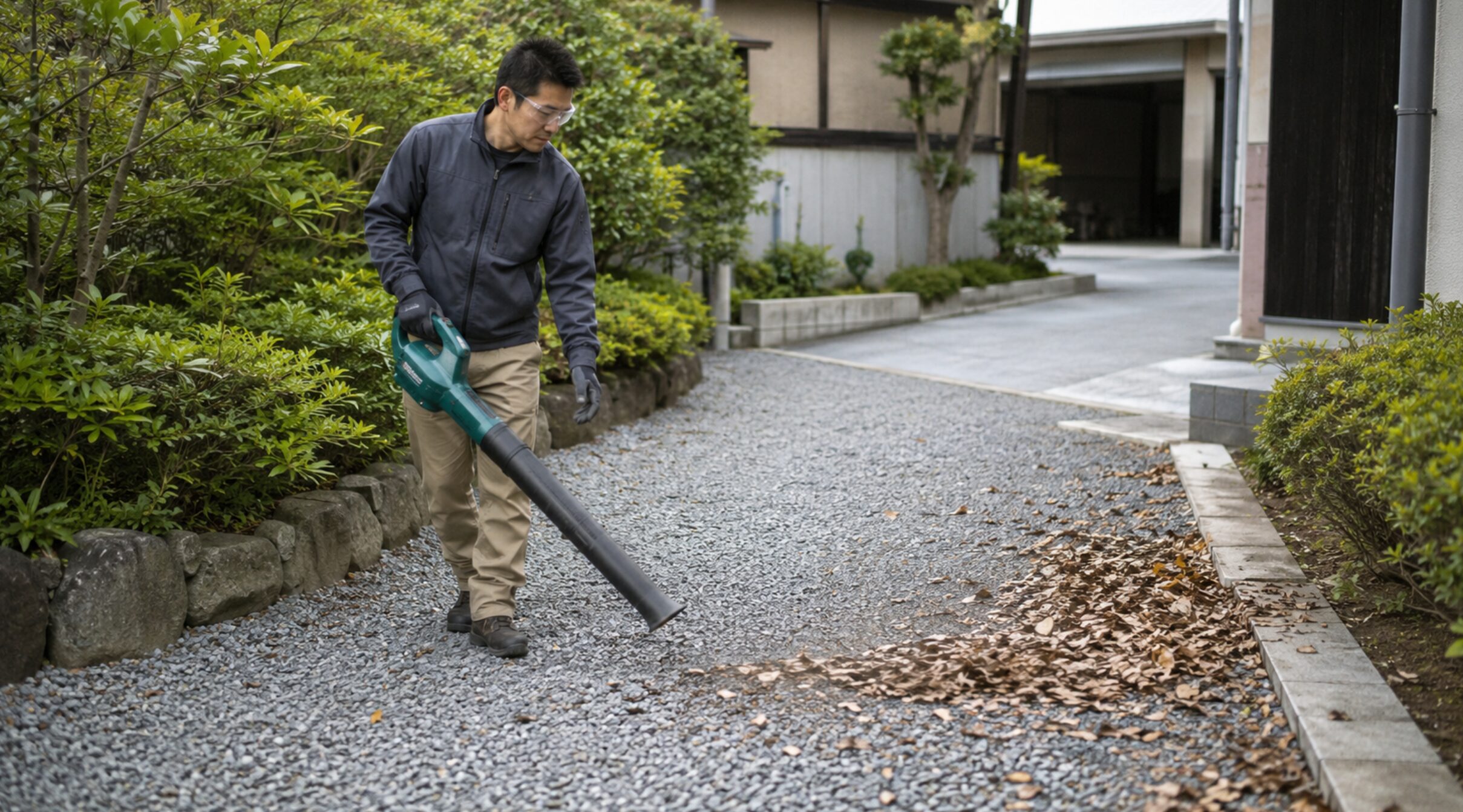 砂利を飛ばさないよう低い風量で落ち葉を掃除する日本人男性