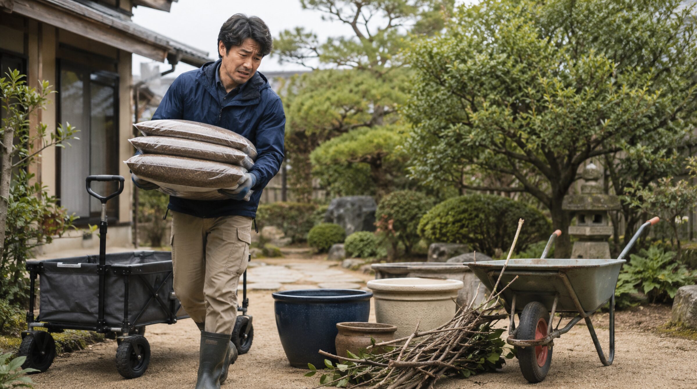 花苗や園芸道具を載せたガーデニングワゴンを庭で引く女性