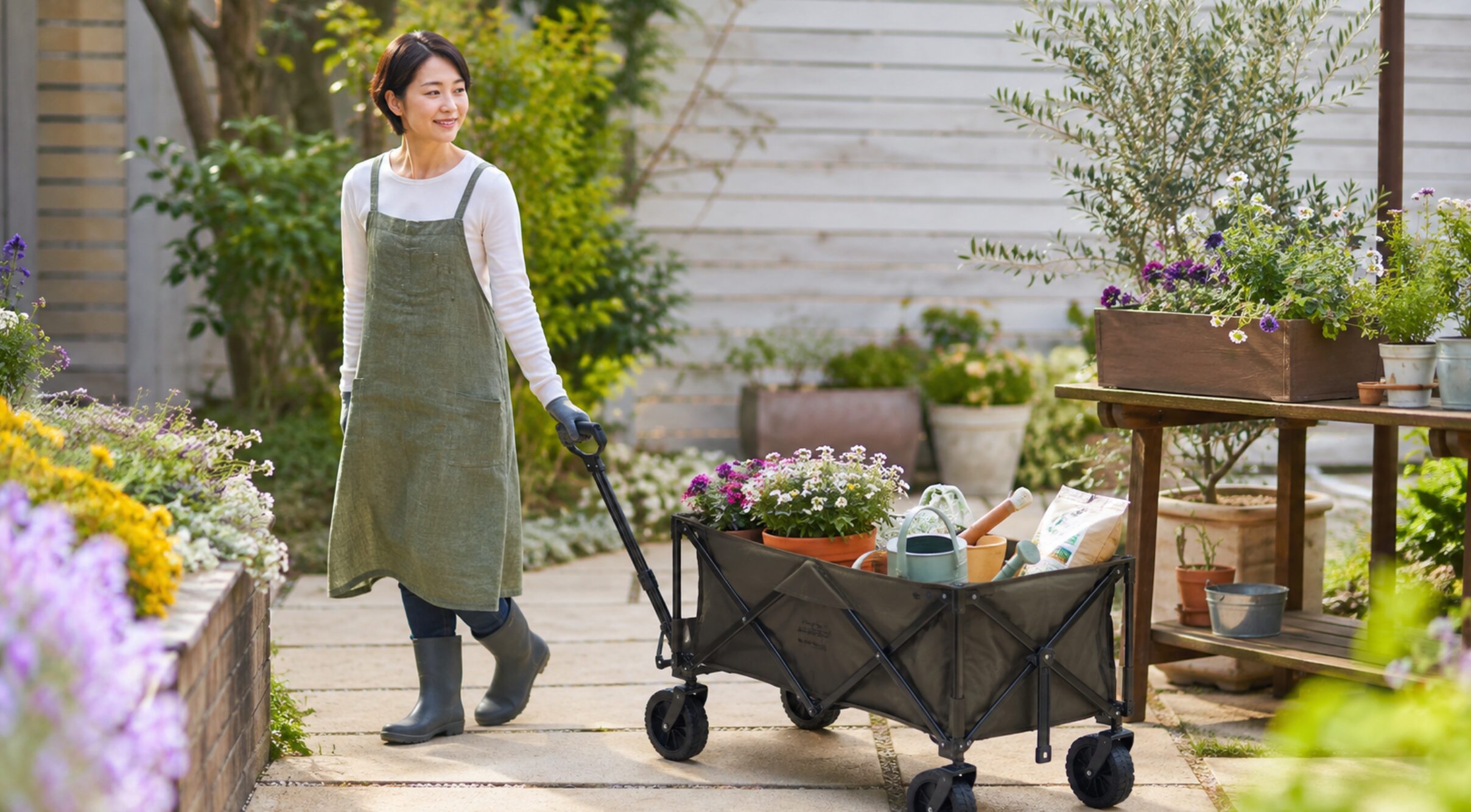 花苗や園芸道具を載せたガーデニングワゴンを庭で引く女性