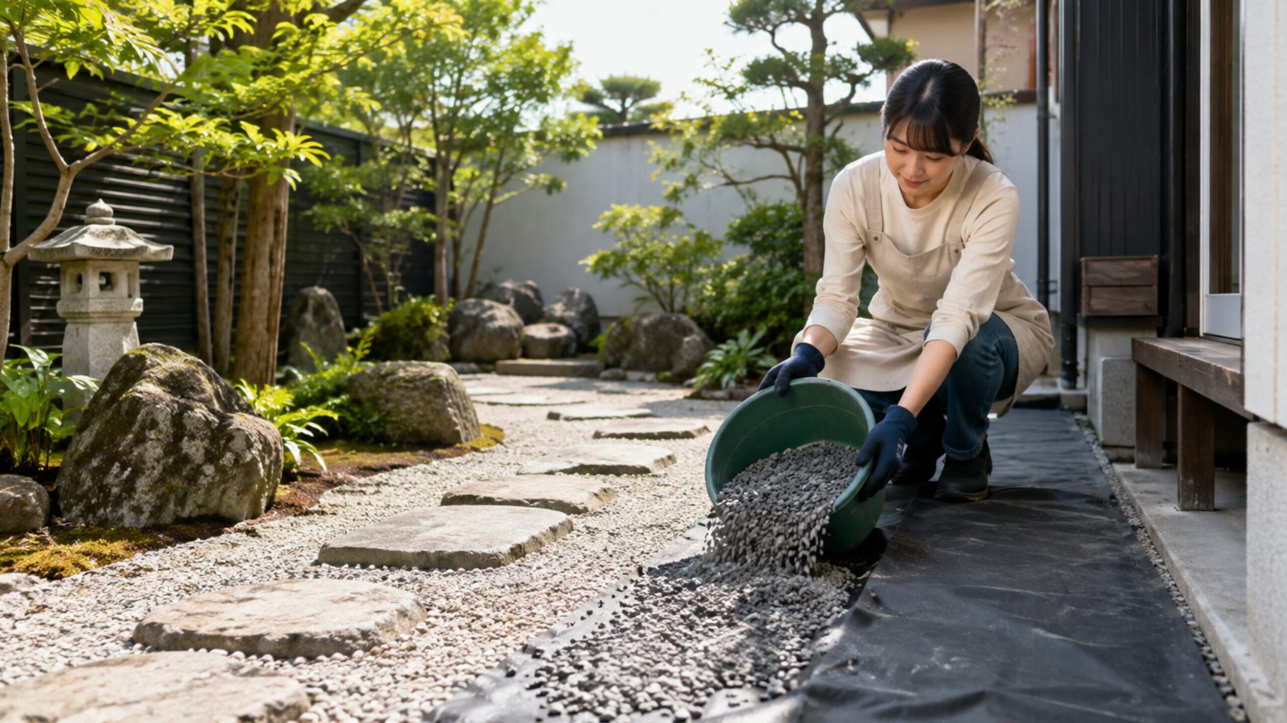 防草シートの上に砂利を敷く日本人女性