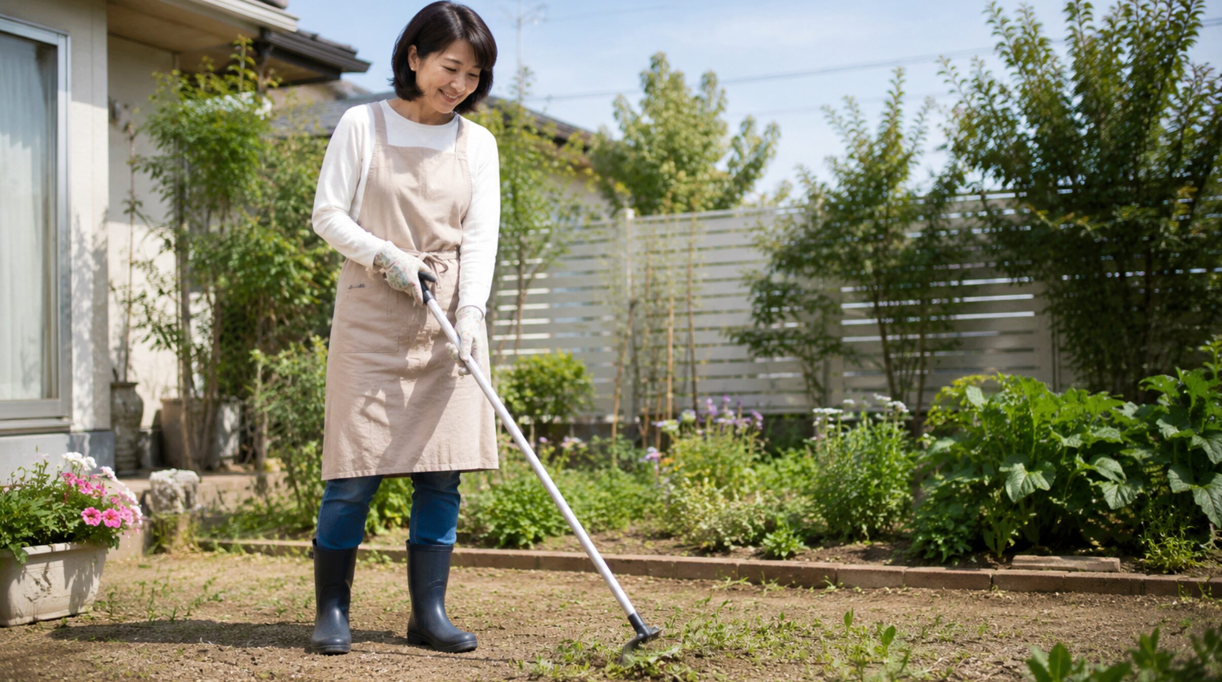 立ったまま長柄の草取り道具を使う日本人女性