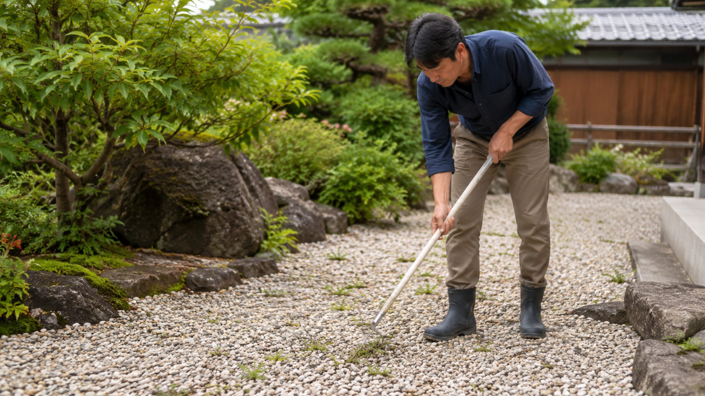 長柄の草取り爪で砂利の雑草を取る日本人男性