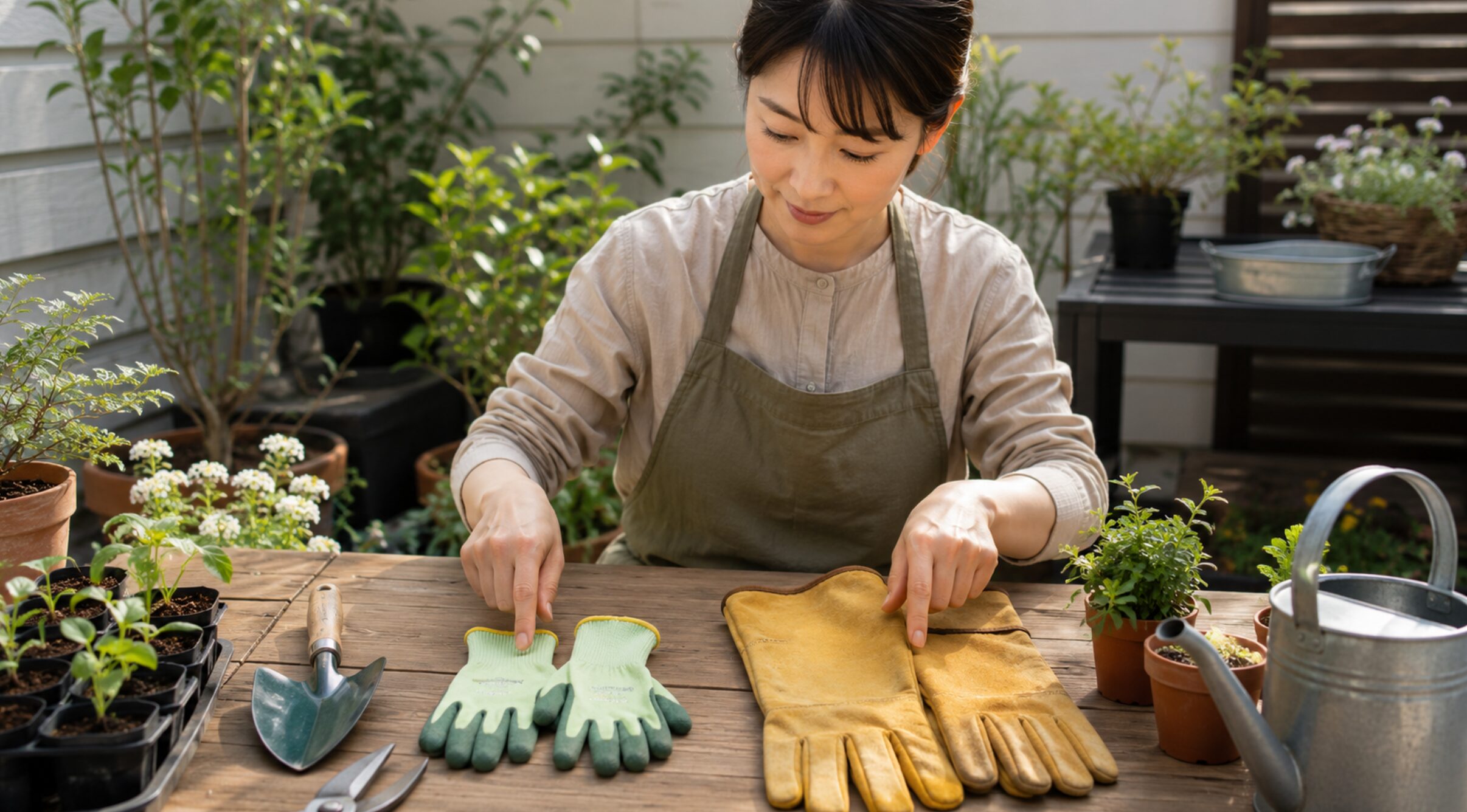 薄手と厚手のガーデニング手袋を作業別に比較する日本人女性