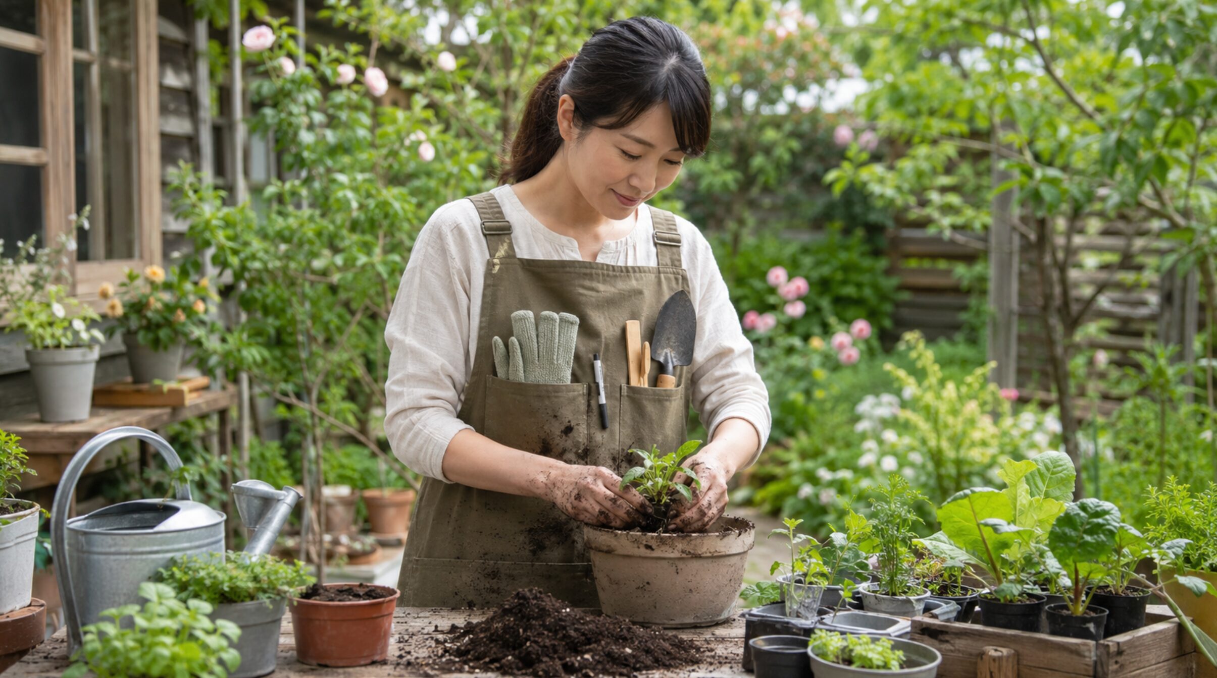胸当てガーデニングエプロンを着て苗を植え替える日本人女性