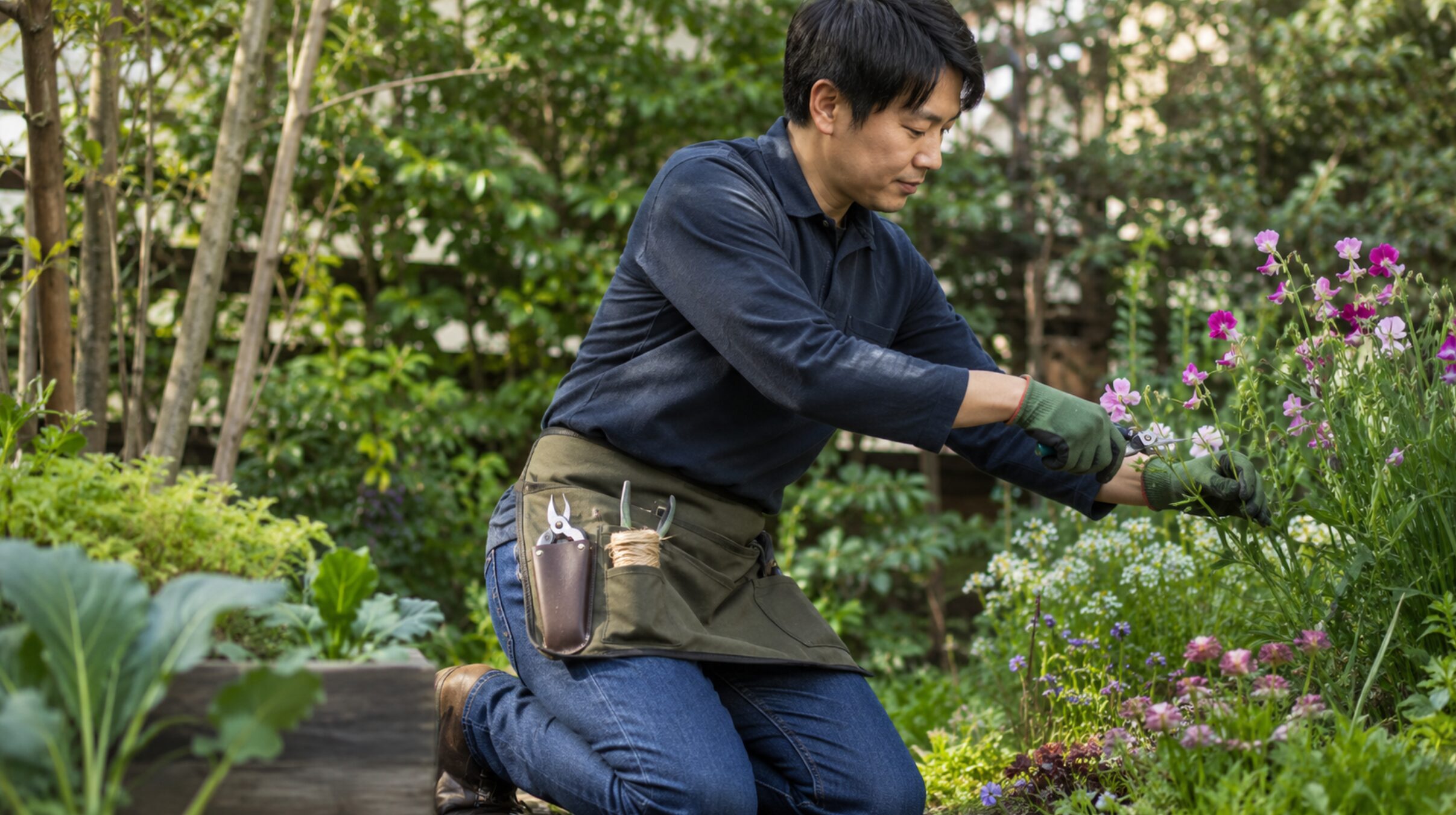 腰巻きガーデニングエプロンで花を剪定する日本人男性