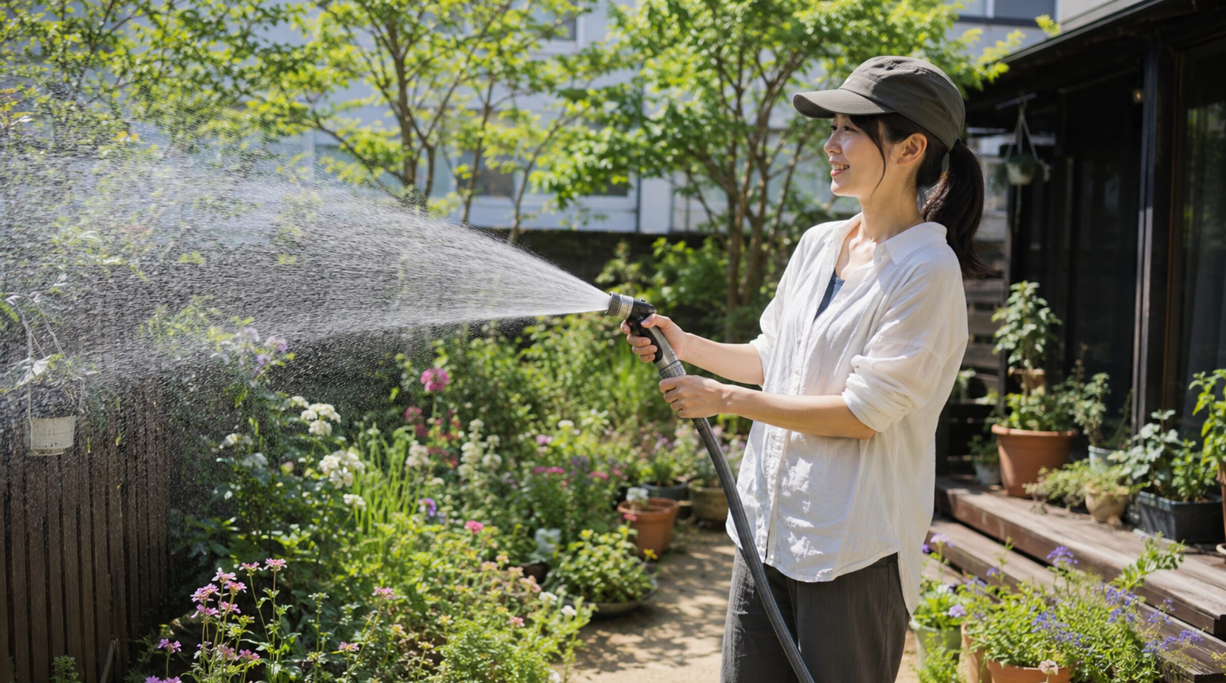ガーデニング用キャップをかぶり庭の植物へ水やりする日本人女性