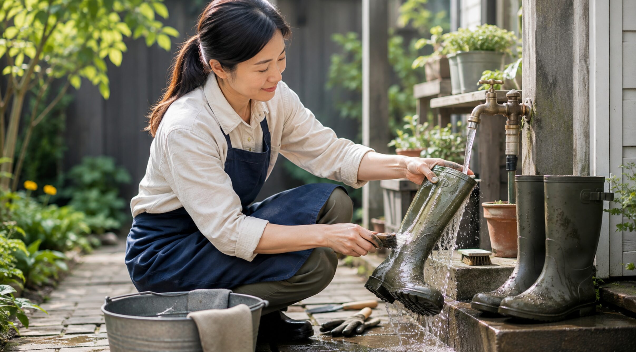 泥の付いたガーデニング長靴を屋外水栓で洗って手入れする女性