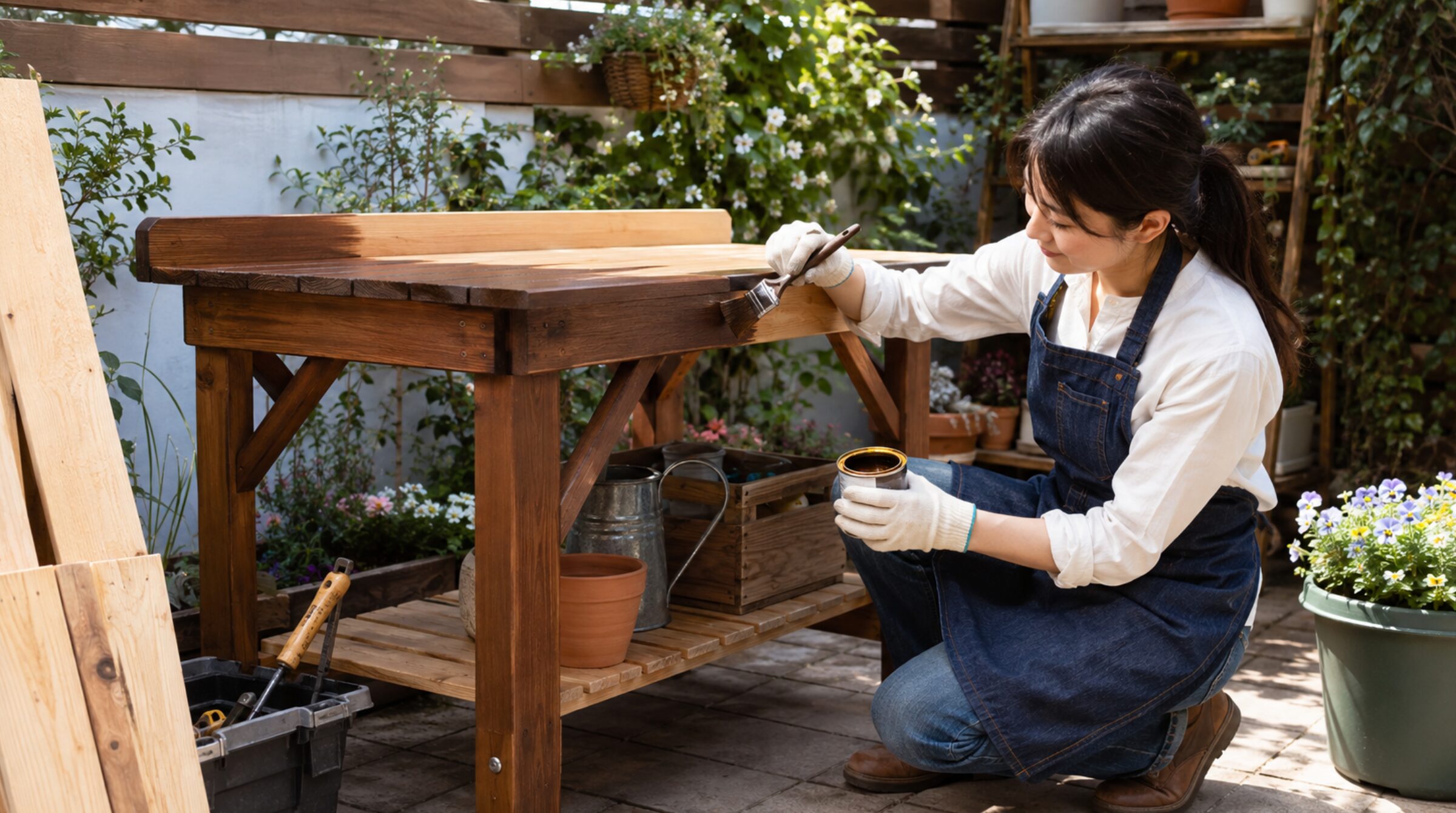 屋外で木製ガーデニング作業台に防腐塗装を施すDIY作業の様子