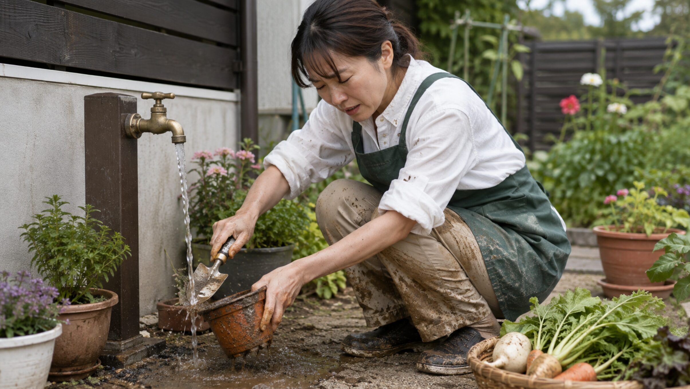 低い屋外蛇口で植木鉢と移植ごてを洗う日本人女性