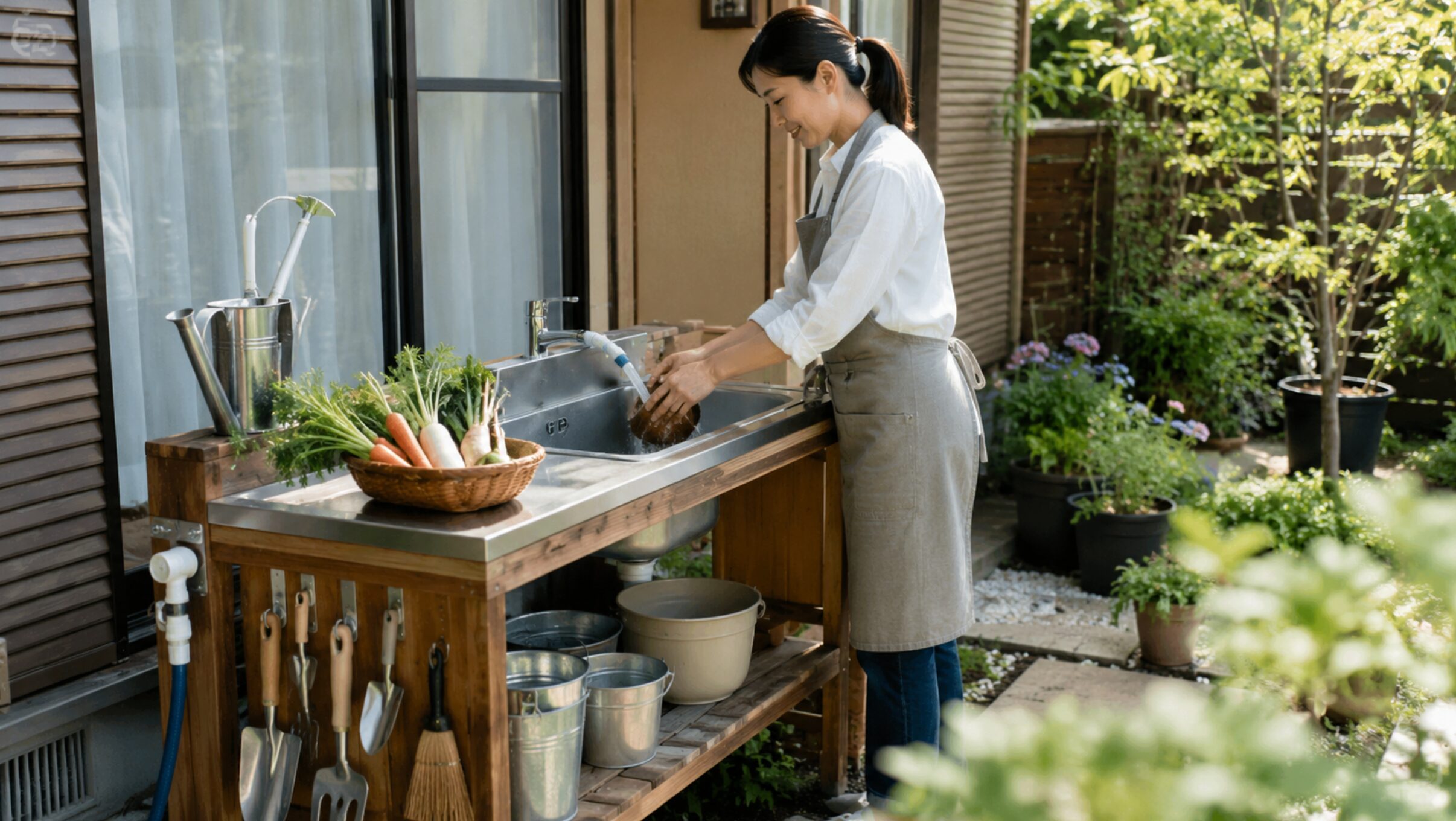 完成した屋外ガーデニングシンクで植木鉢を洗う日本人女性