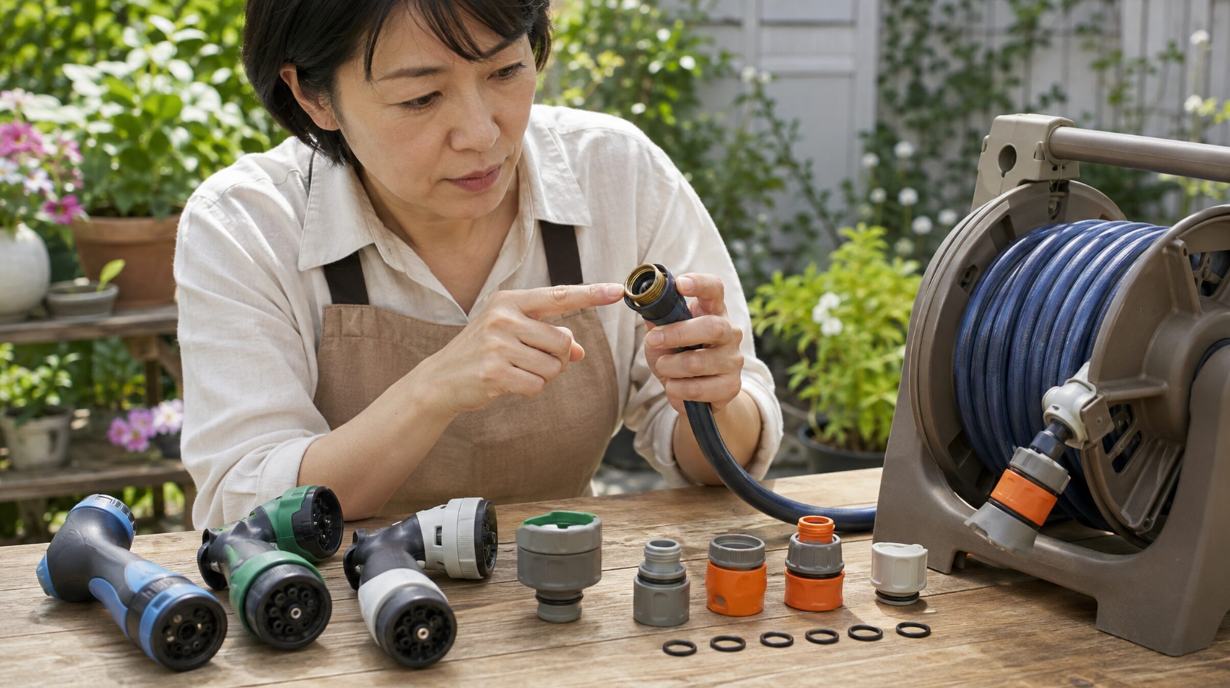 散水ホースのノズルやコネクターを交換前に点検する日本人女性