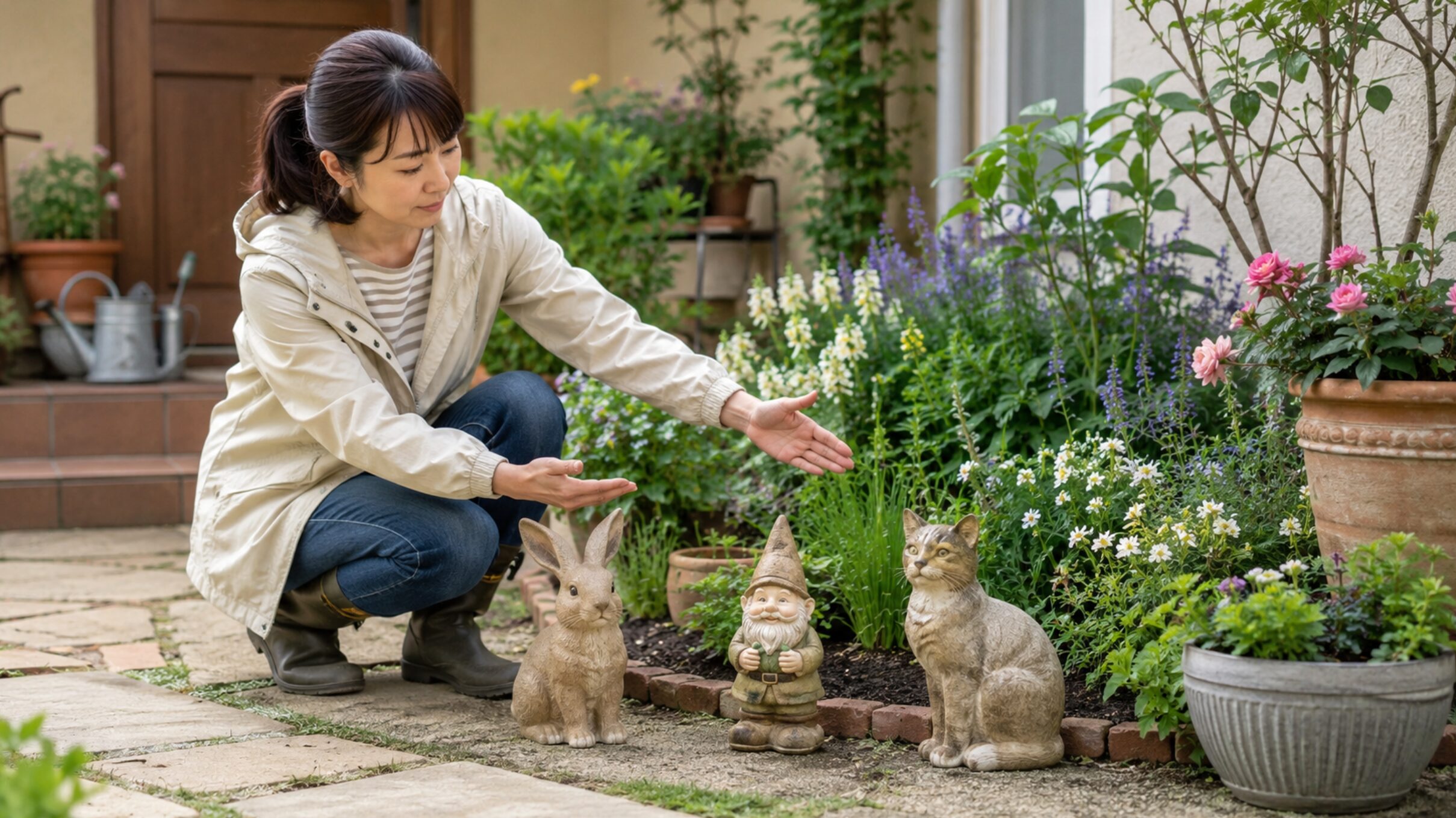 花壇でうさぎや猫のガーデニング置物の配置を確認する日本人女性