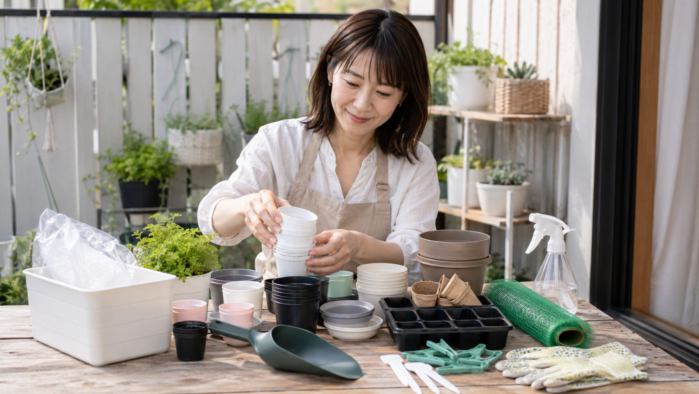 100均でそろえやすい植木鉢や園芸小物を選ぶ日本人女性