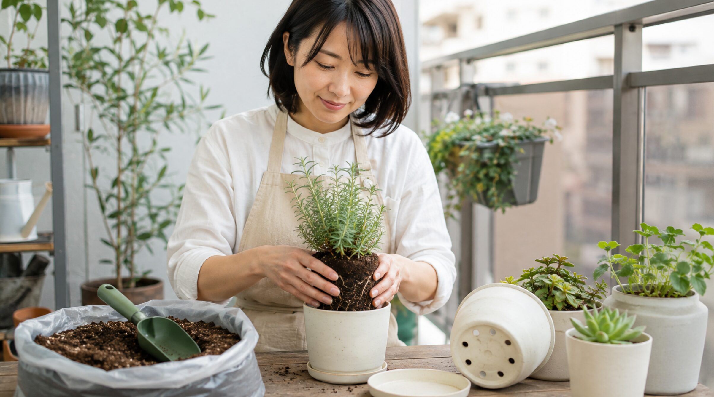 排水穴のある鉢と培養土を使ってハーブを植え替える日本人女性