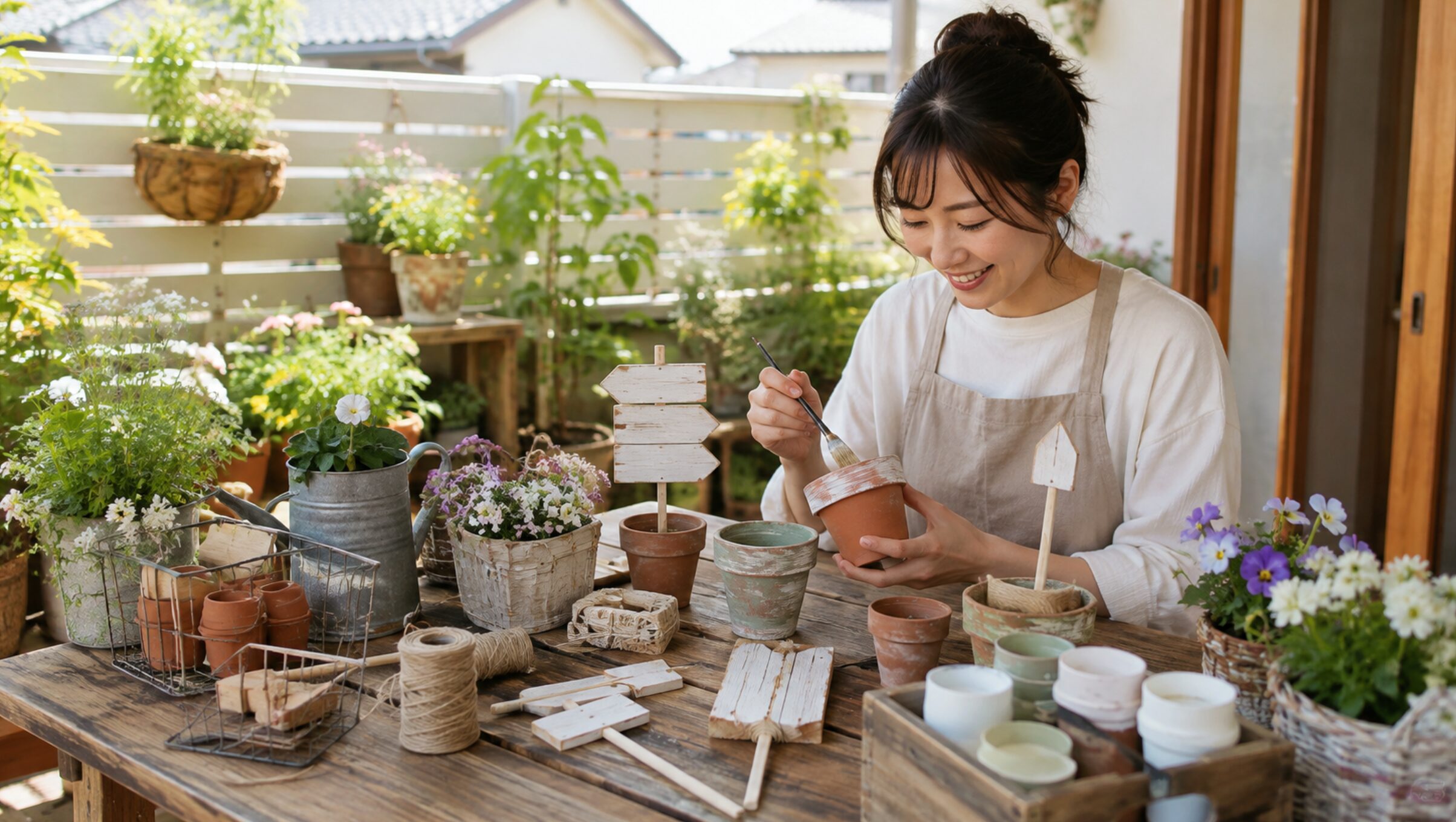 100均材料で鉢やガーデンピックを手作りする日本人女性
