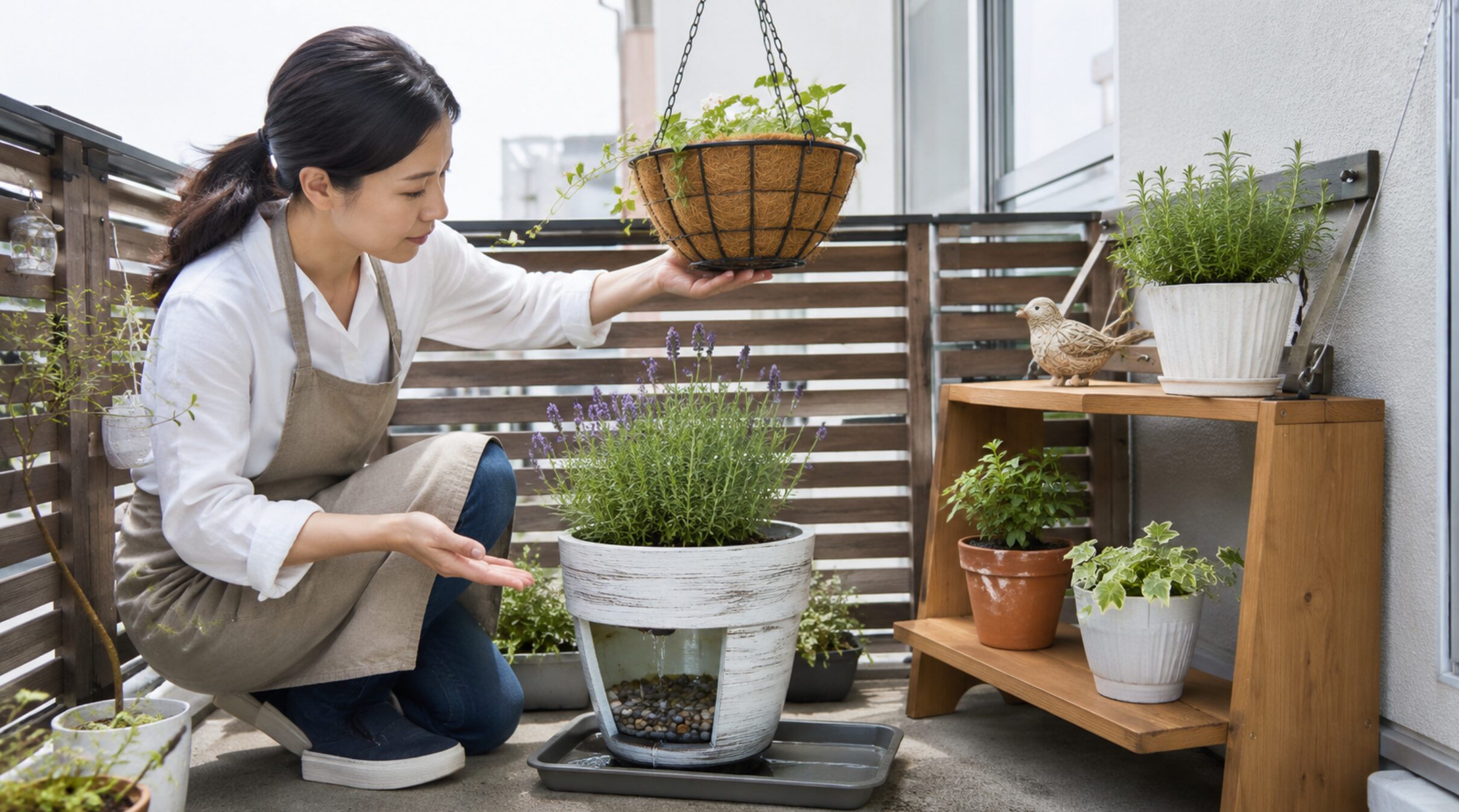 ベランダで手作り鉢の排水と吊り下げ雑貨の安全を確認する女性