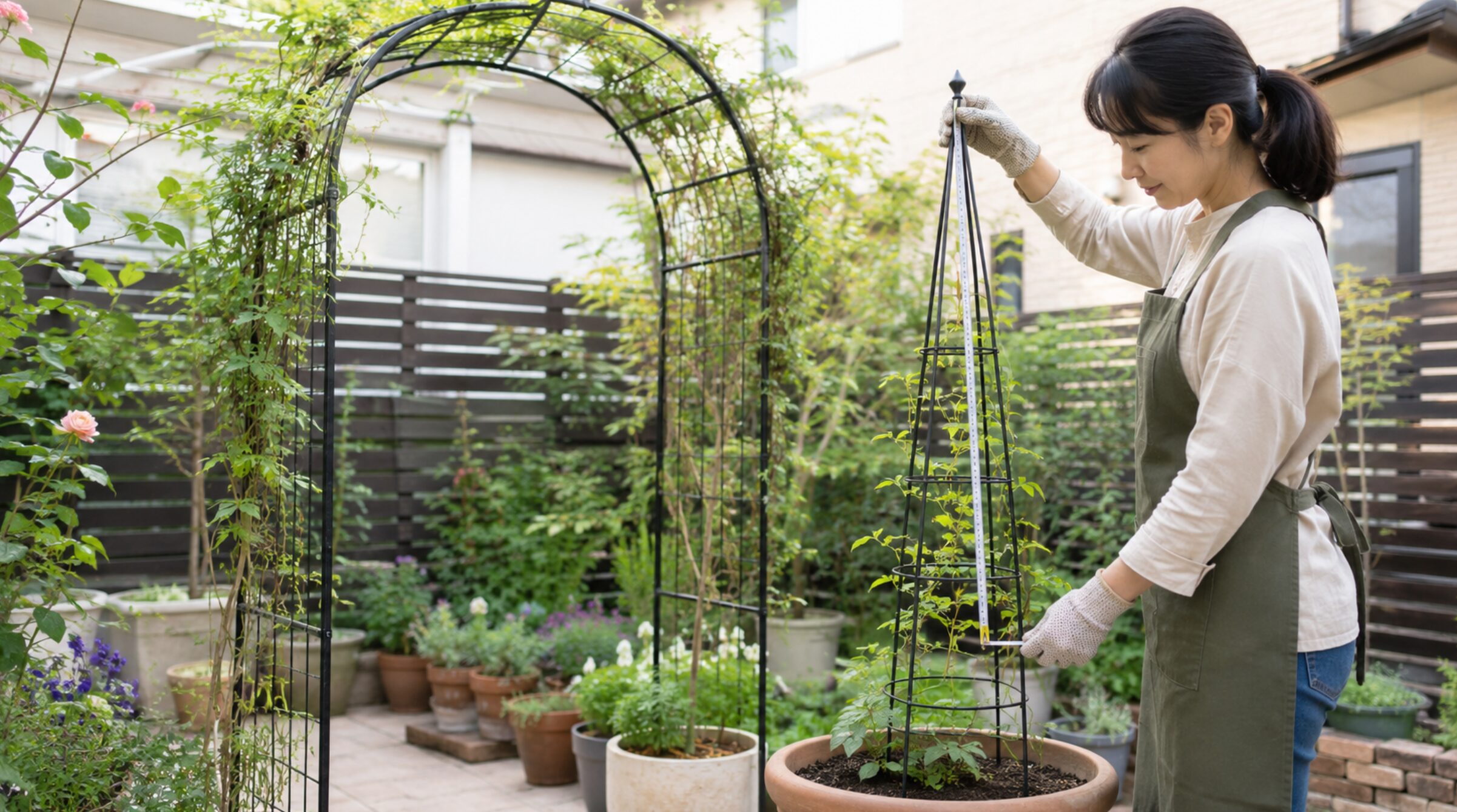 鉢植えオベリスクの高さをメジャーで測る日本人女性