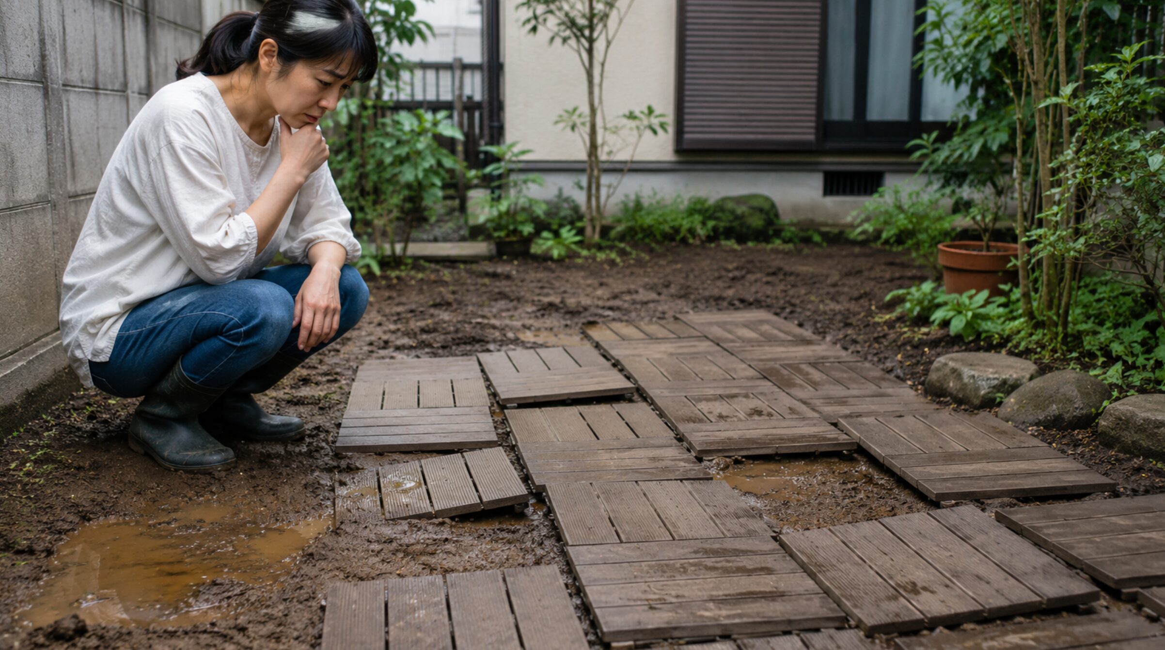 庭の柔らかい土に直接置かれて沈みやずれが生じたジョイントタイル