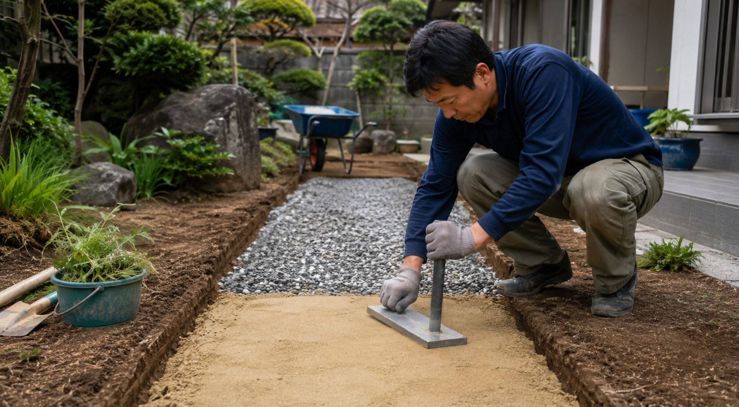 庭タイルを敷く前に砕石と砂をタンパーで締め固める下地作り
