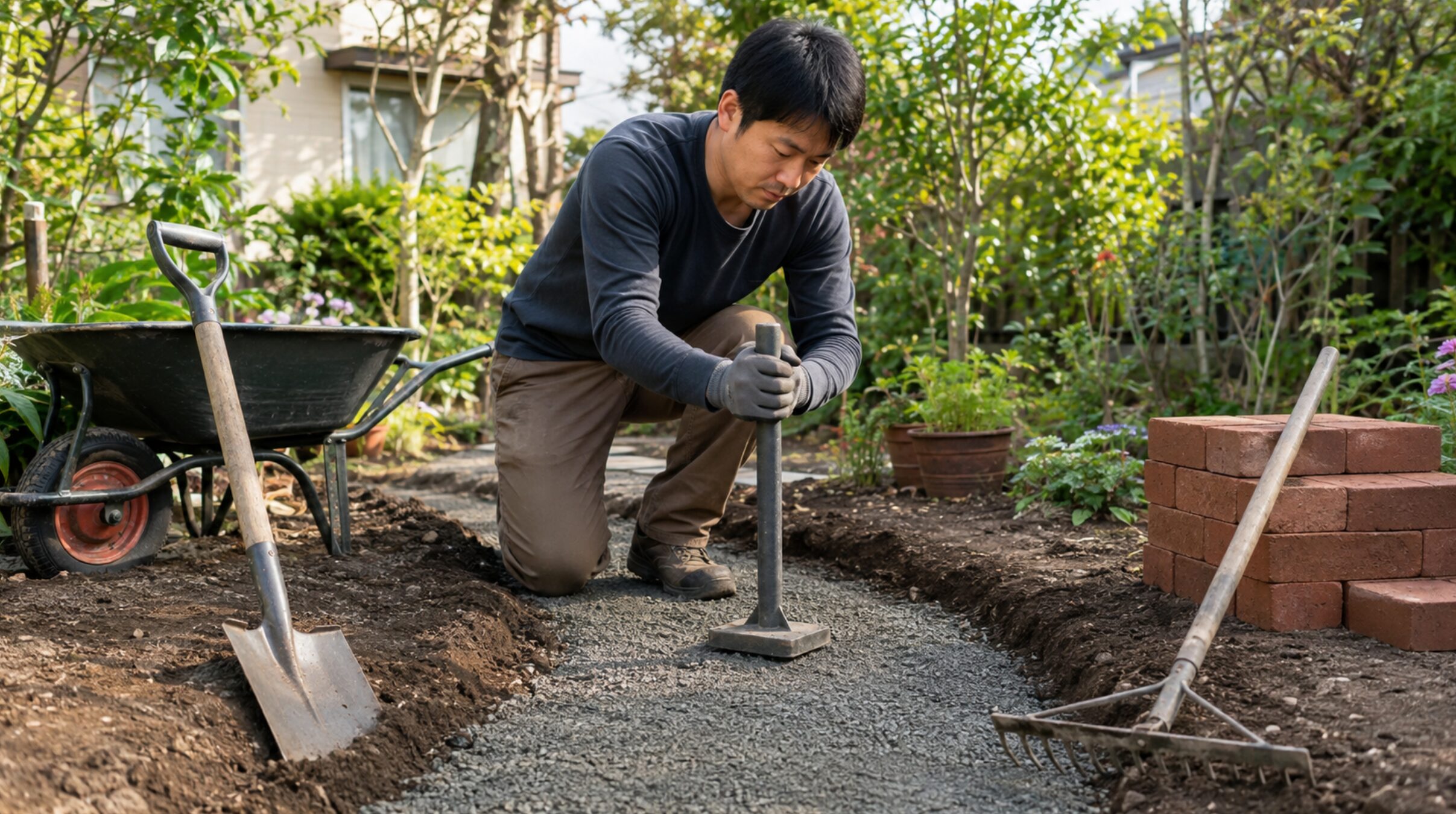 レンガ小道DIYで砕石の下地を手動タンパーで転圧する日本人男性