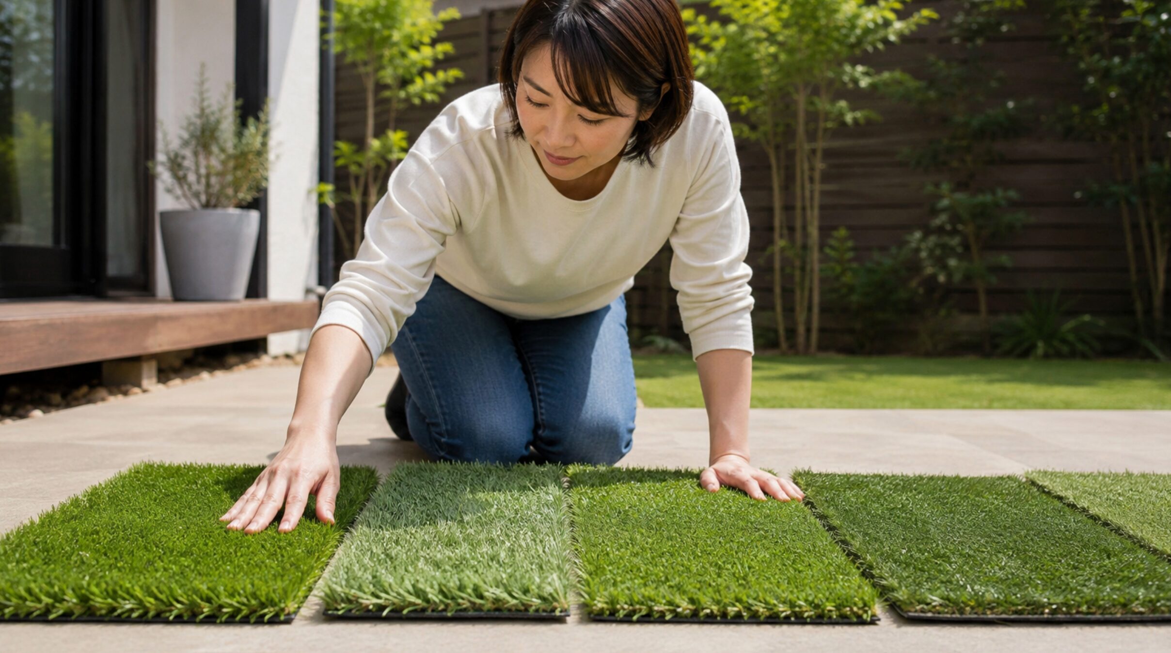 芝丈や密度が異なる人工芝サンプルを手で触って比較する日本人女性