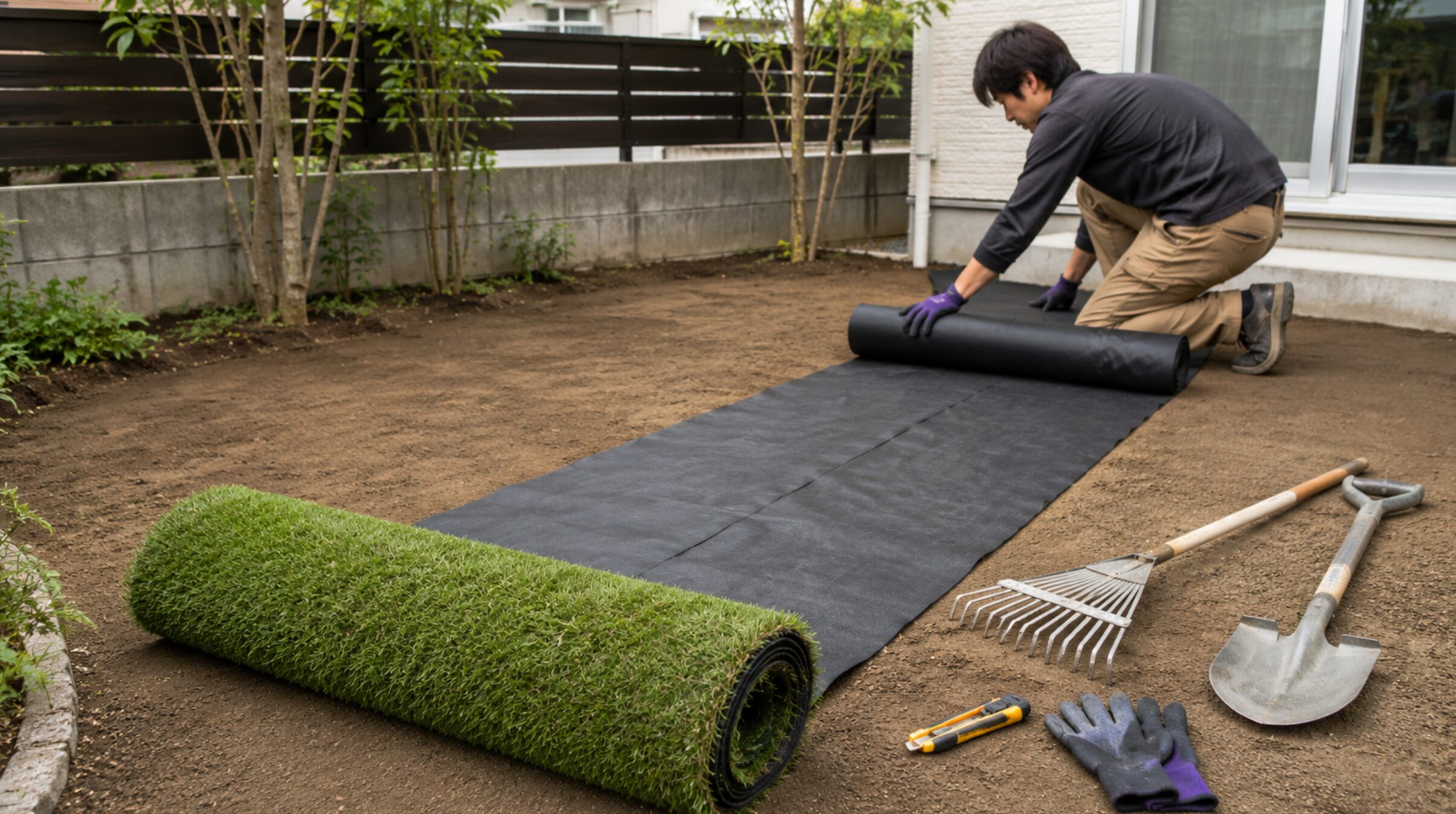 整地した庭へ防草シートを敷き人工芝の下地を作るDIY施工