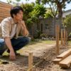 ウッドフェンスDIYで支柱位置と柱間隔を計画する日本人男性