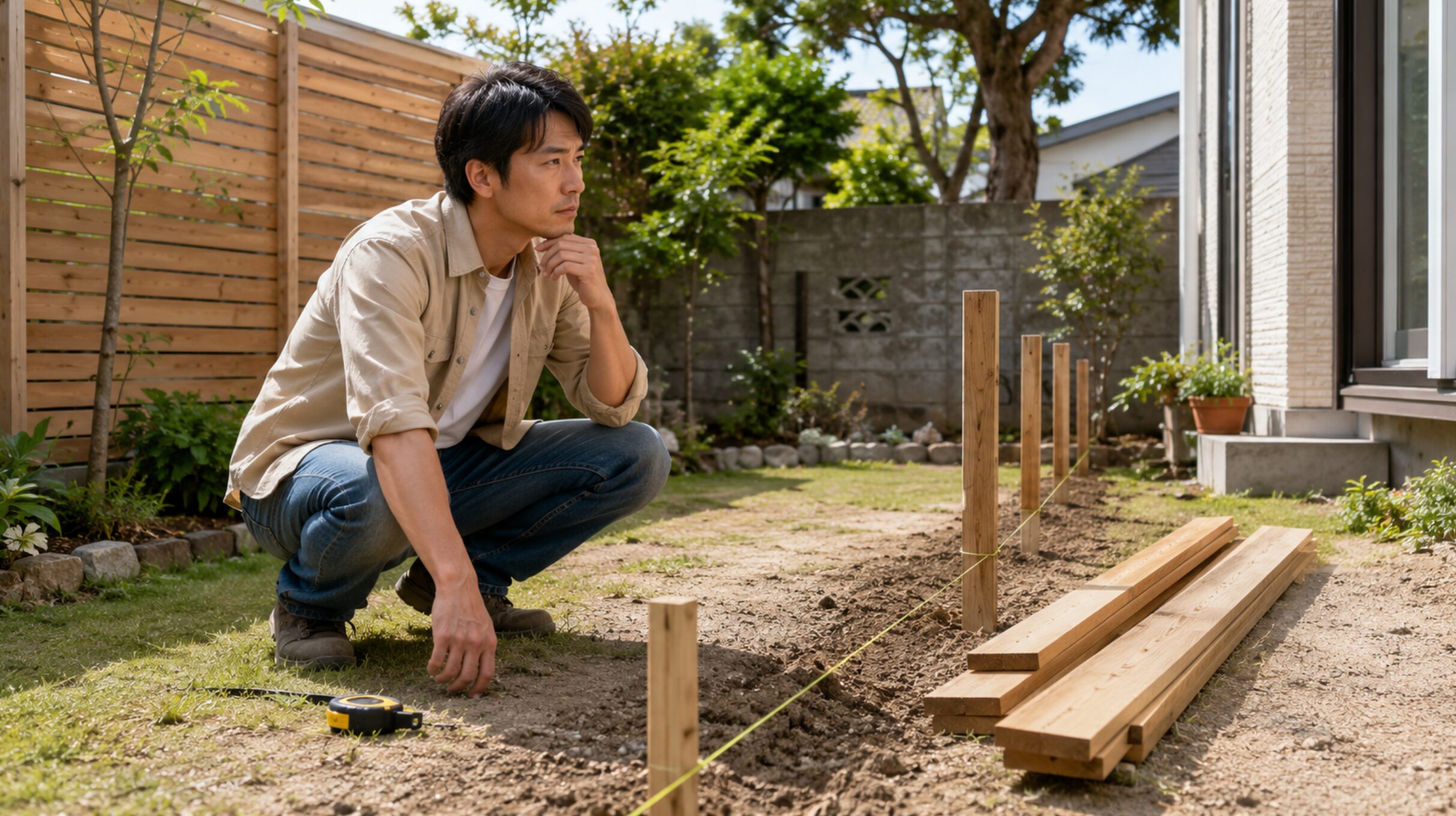 ウッドフェンスDIYで支柱位置と柱間隔を計画する日本人男性