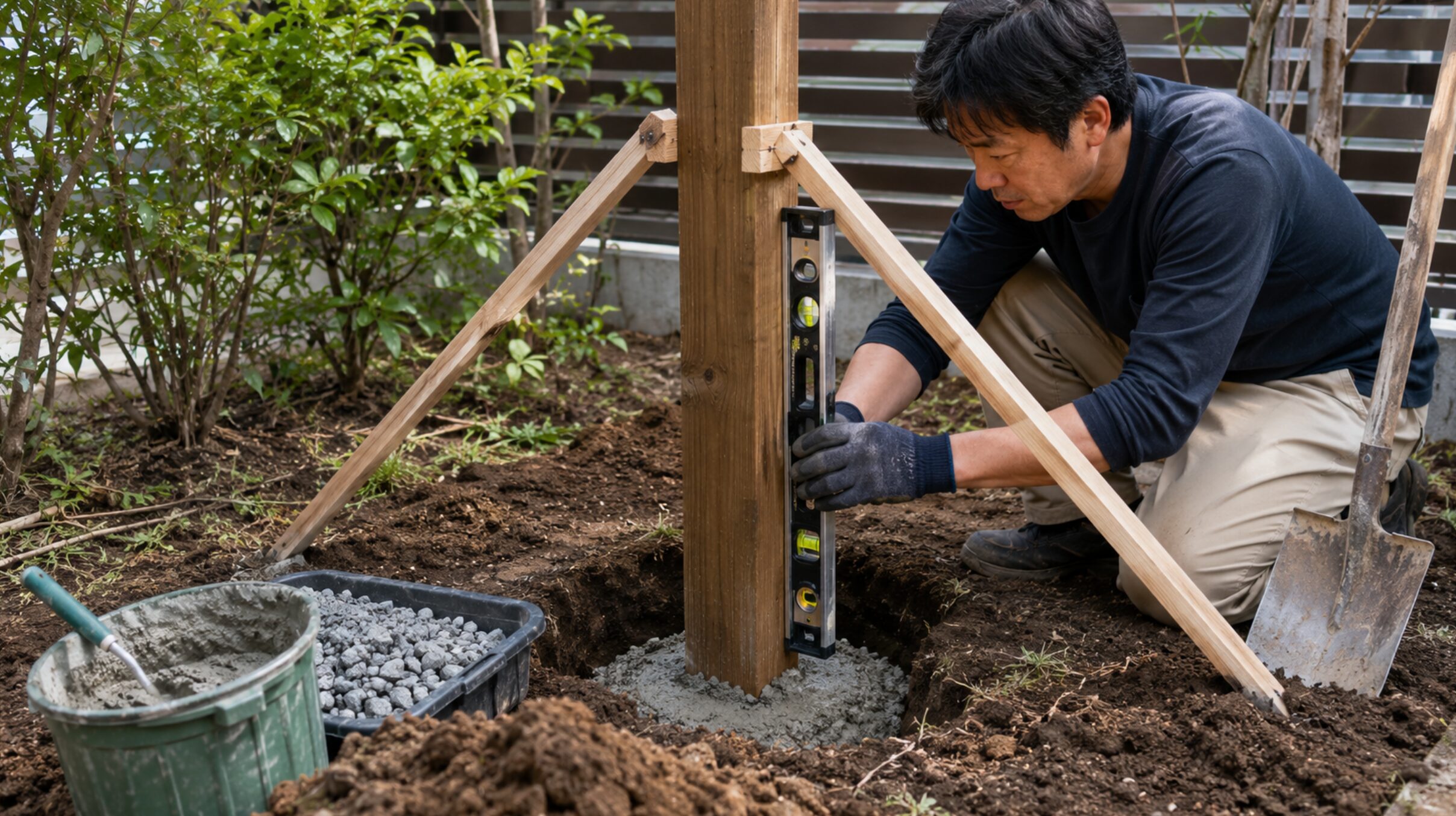 ウッドフェンスの支柱を独立基礎へ固定し水平器で垂直を確認する作業