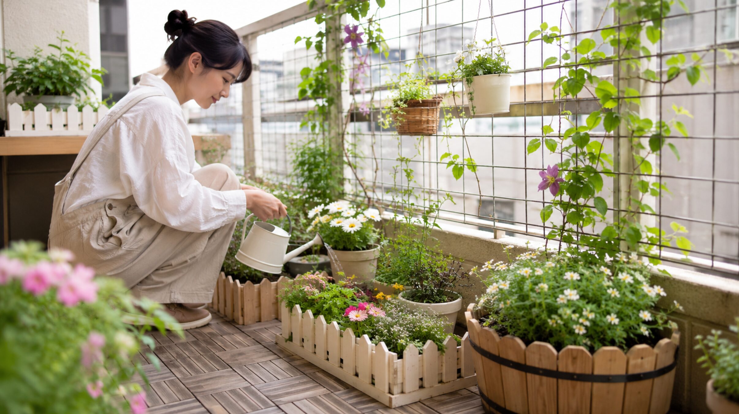 ベランダの鉢植えにミニフェンスを活用する日本人女性